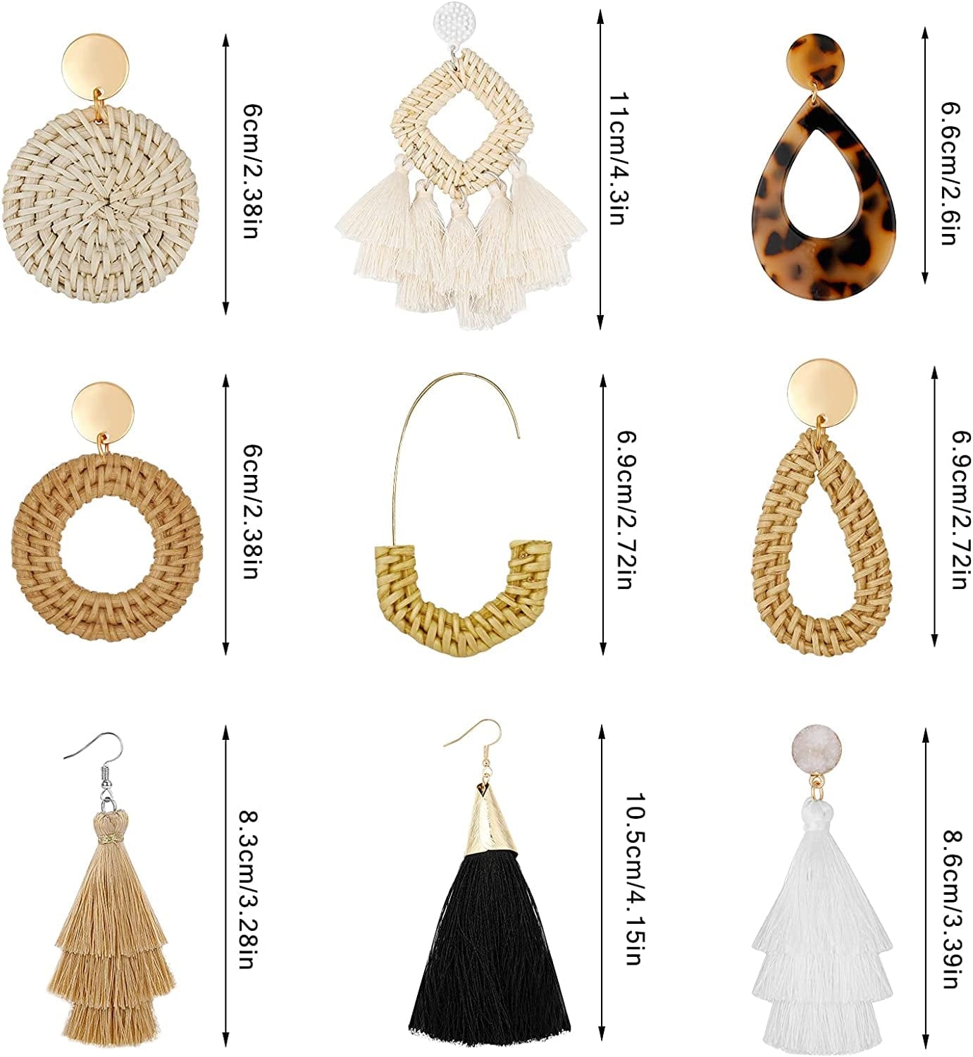 2-9 Pairs Rattan Earrings Tassel Earrings for Women Girls Lightweight Acrylic Geometric Statement Woven Bohemian Earrings Handmade Straw Wicker Braid Hoop Drop Dangle Earrings