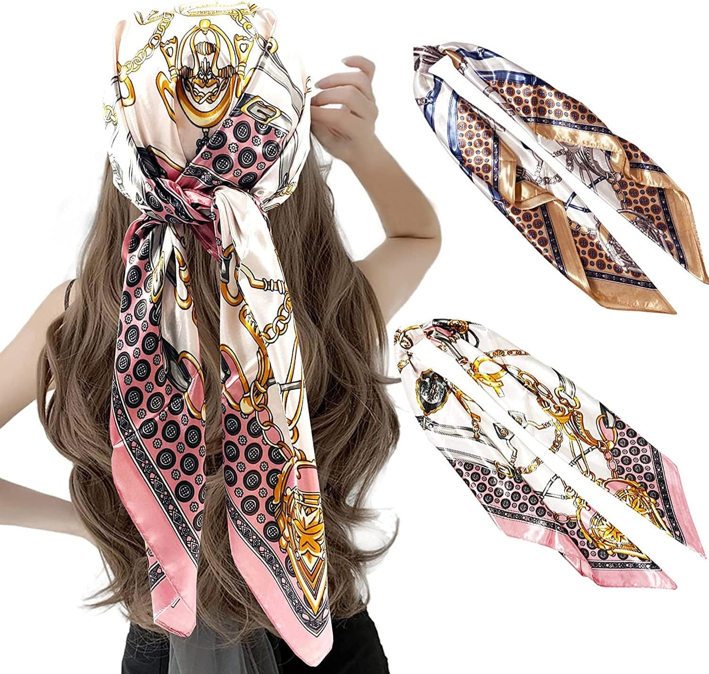 2 Pack 35" Satin Silk like Hair Scarf Bandana Light Head Wraps Neck Face Scarves Cover for Women Apparel & Accessories > Clothing Accessories > Bandanas & Headties woogwin 2pcs Chain2 Khaki+pink