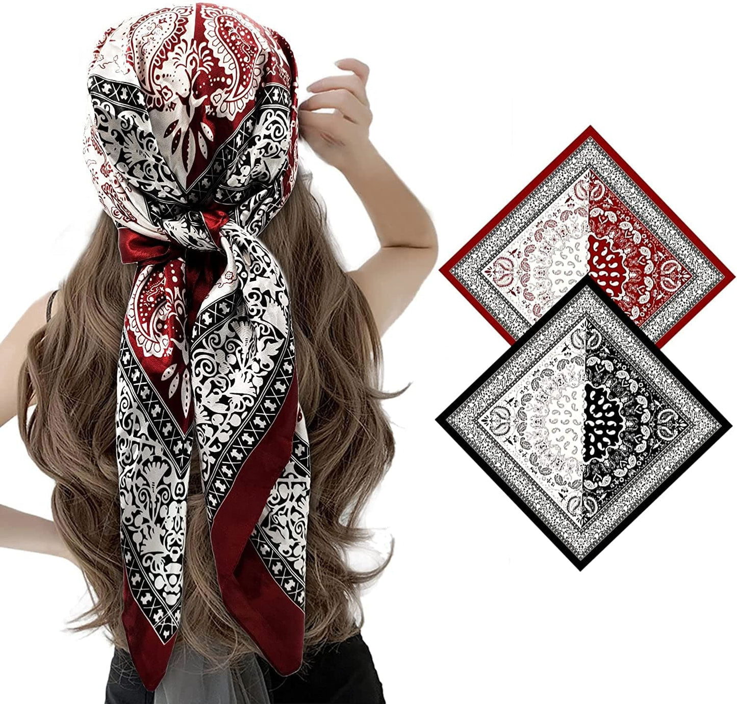 2 Pack 35" Satin Silk like Hair Scarf Bandana Light Head Wraps Neck Face Scarves Cover for Women Apparel & Accessories > Clothing Accessories > Bandanas & Headties woogwin 2pcs Paisley3 Black+red