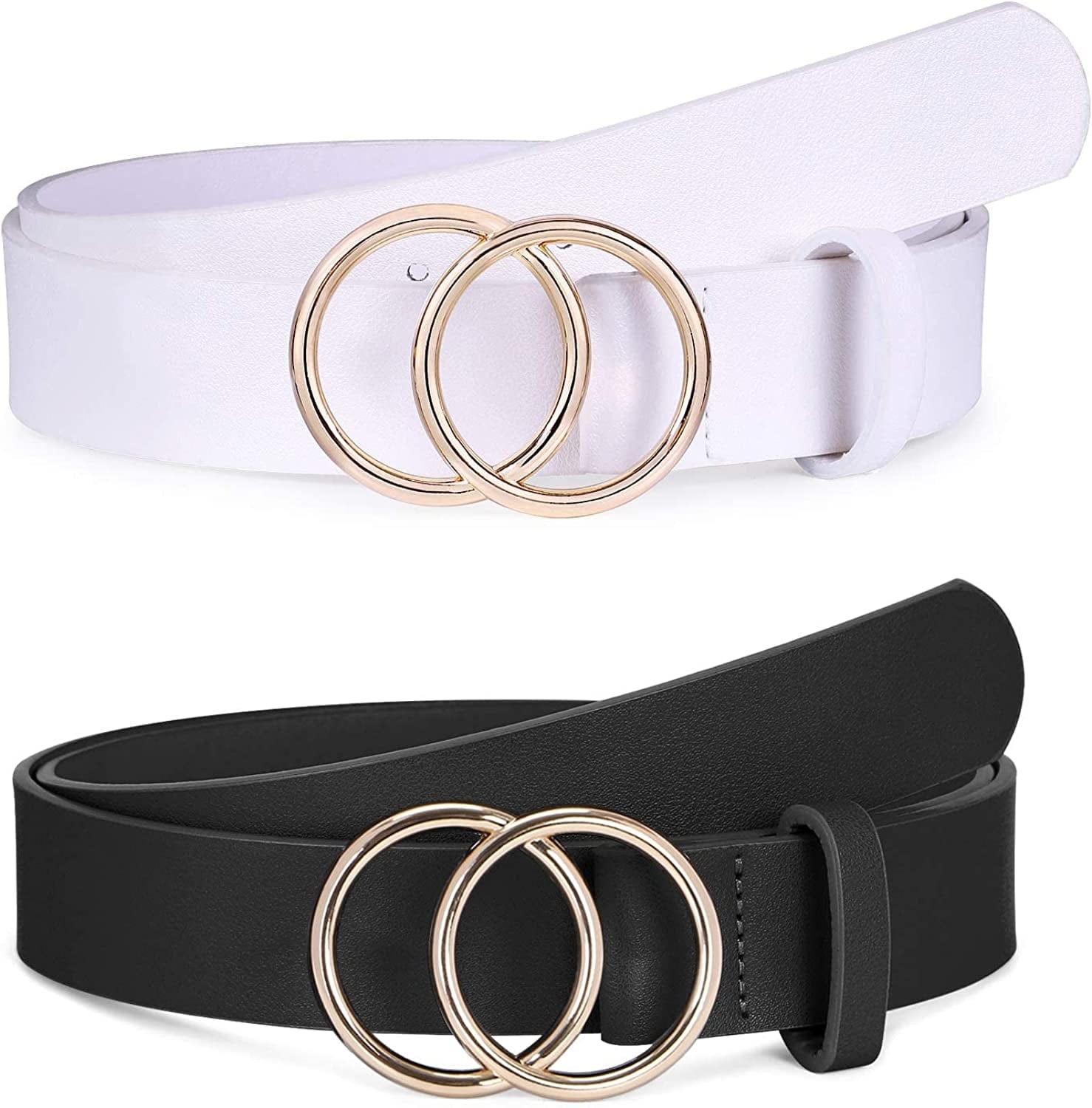 2 Pack Women Leather Belts Faux Leather Jeans Belt with Double O-Ring Buckle Size up to 53 Inch Apparel & Accessories > Clothing Accessories > Belts SANSTHS