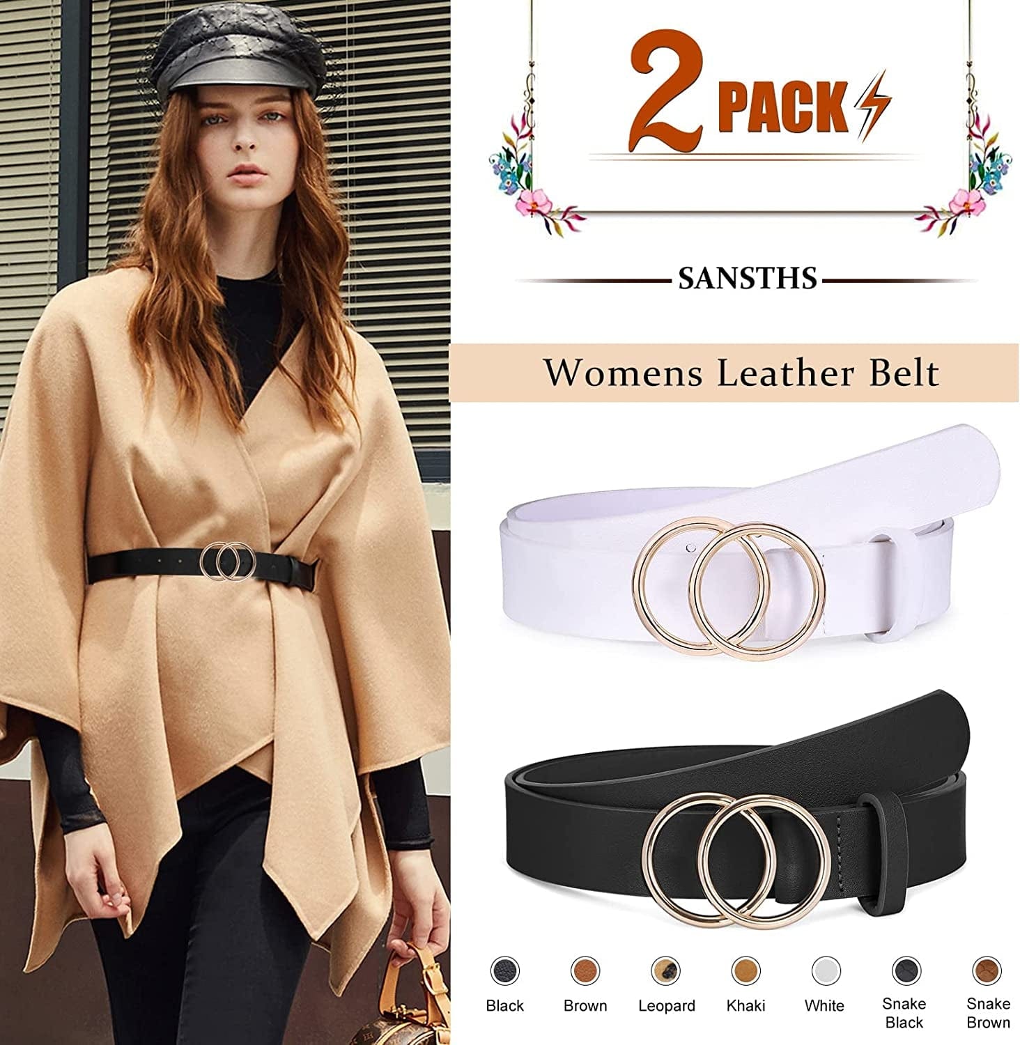 2 Pack Women Leather Belts Faux Leather Jeans Belt with Double O-Ring Buckle Size up to 53 Inch Apparel & Accessories > Clothing Accessories > Belts SANSTHS