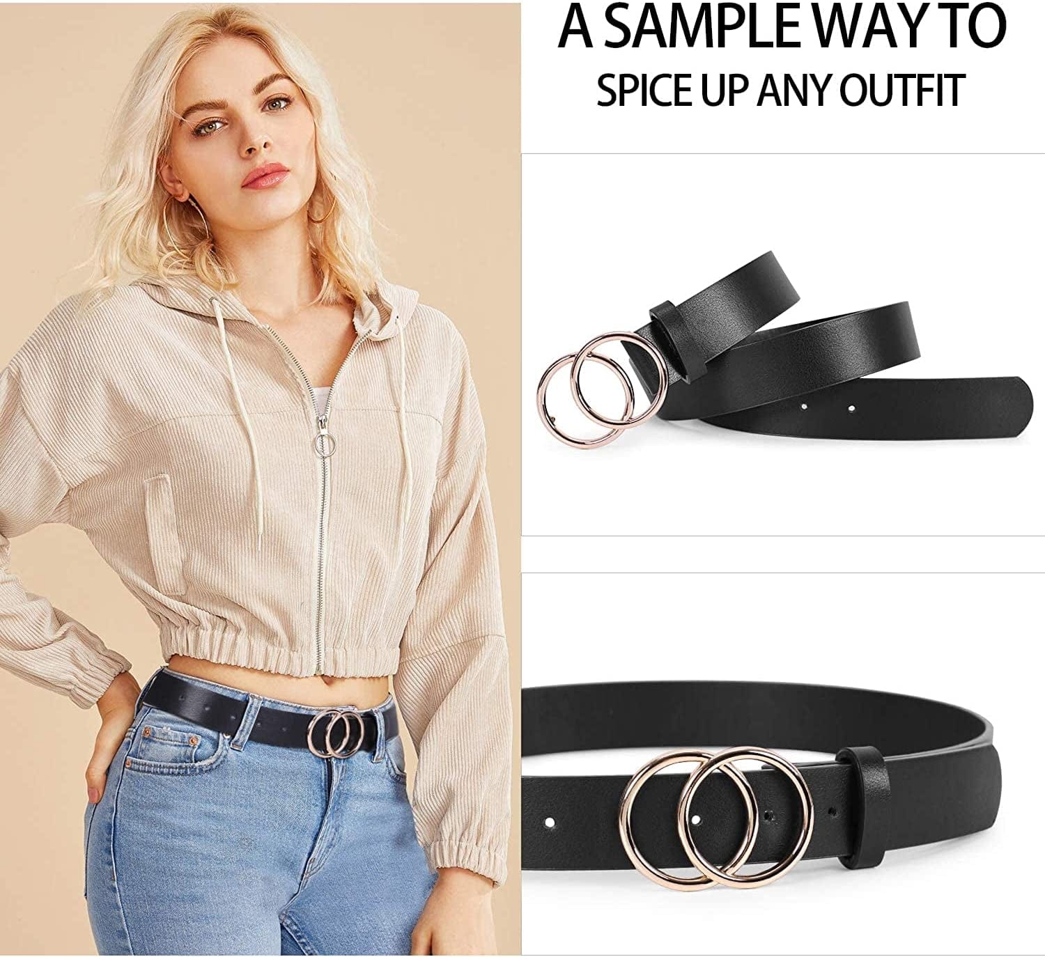 2 Pack Women Leather Belts Faux Leather Jeans Belt with Double O-Ring Buckle Size up to 53 Inch Apparel & Accessories > Clothing Accessories > Belts SANSTHS