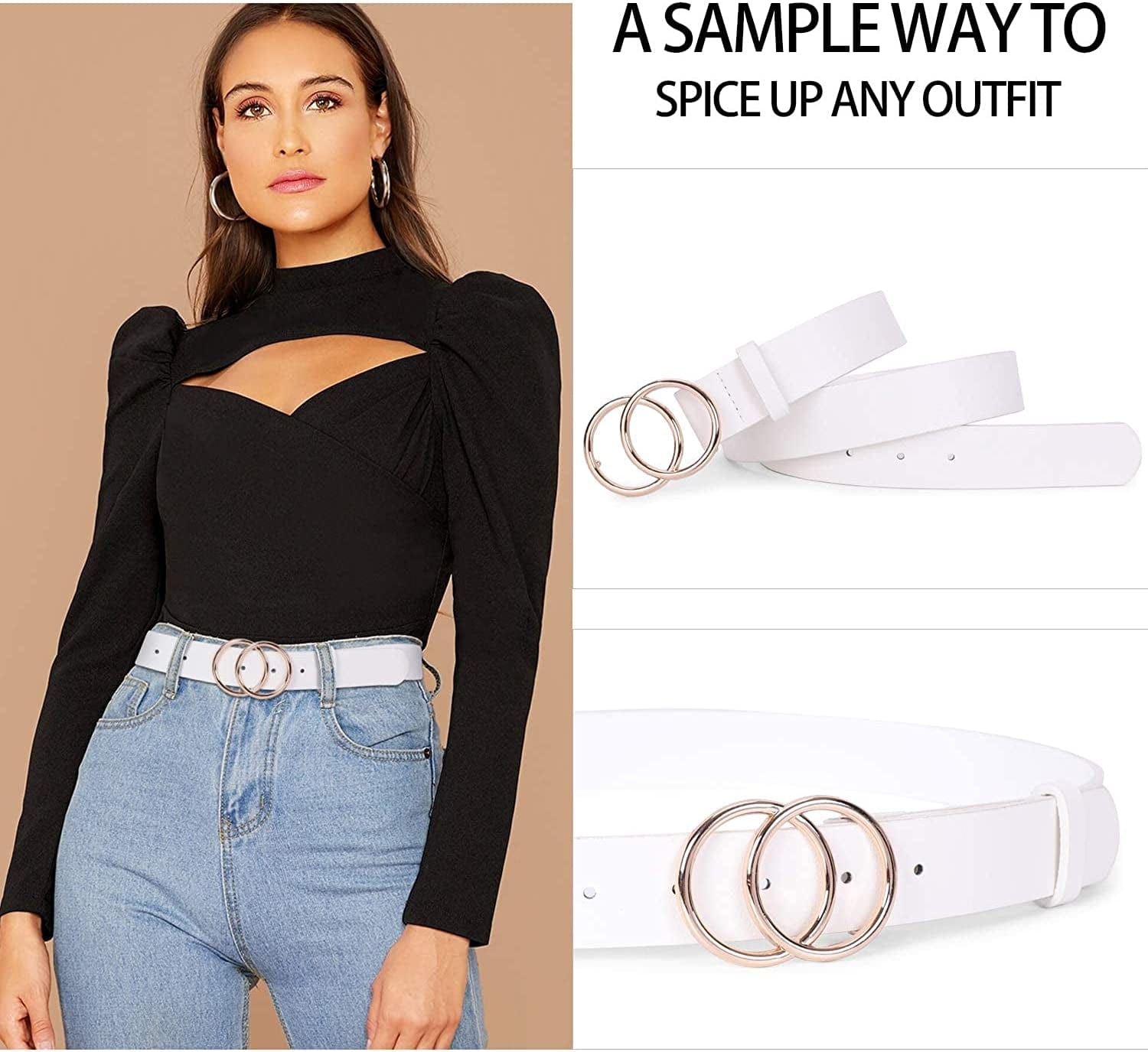 2 Pack Women Leather Belts Faux Leather Jeans Belt with Double O-Ring Buckle Size up to 53 Inch Apparel & Accessories > Clothing Accessories > Belts SANSTHS