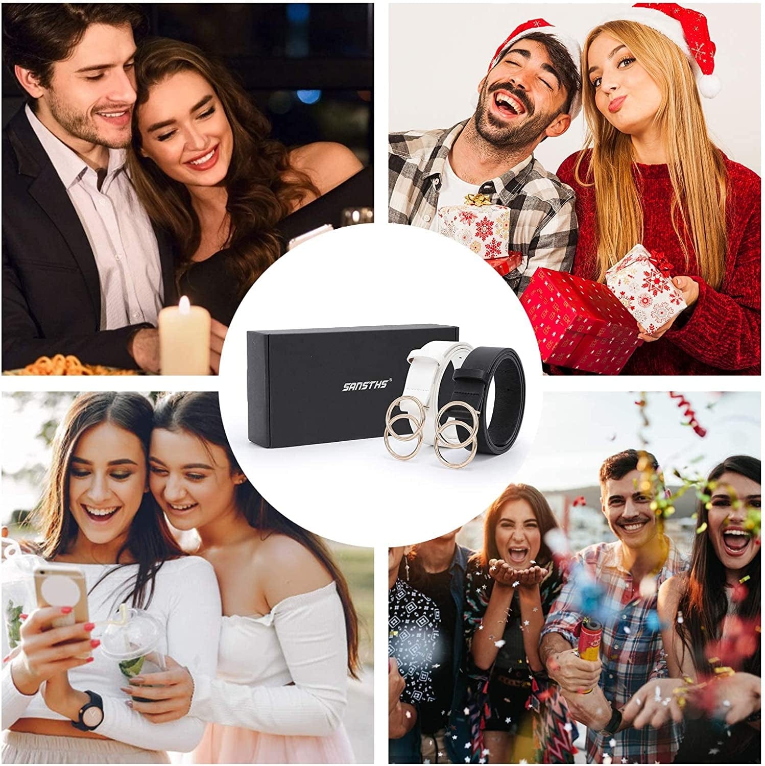 2 Pack Women Leather Belts Faux Leather Jeans Belt with Double O-Ring Buckle Size up to 53 Inch Apparel & Accessories > Clothing Accessories > Belts SANSTHS