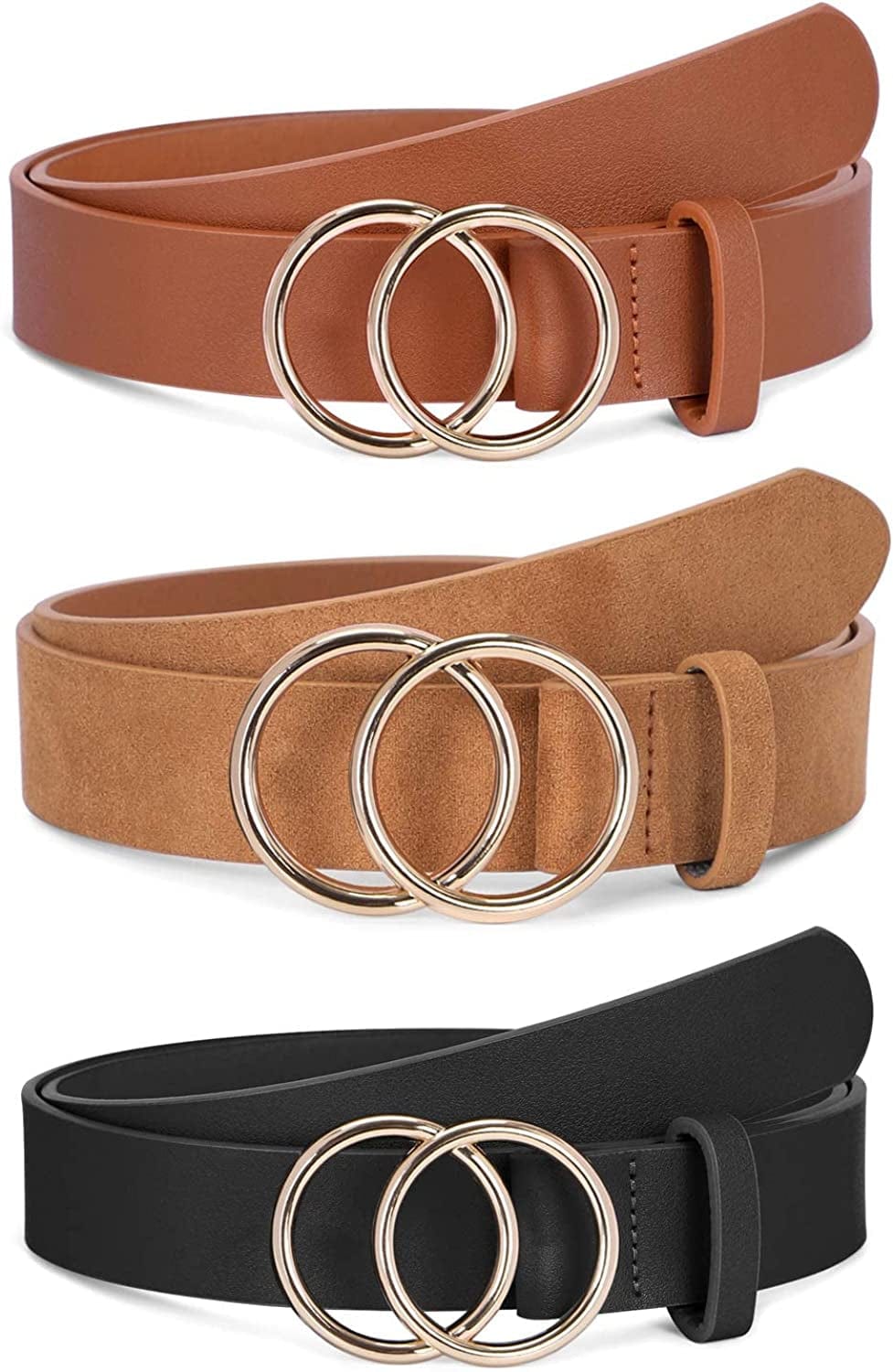 2 Pack Women Leather Belts Faux Leather Jeans Belt with Double O-Ring Buckle Size up to 53 Inch Apparel & Accessories > Clothing Accessories > Belts SANSTHS L-( Black + Brown + Khaki)3 Pack Suit waistline 29"-35"