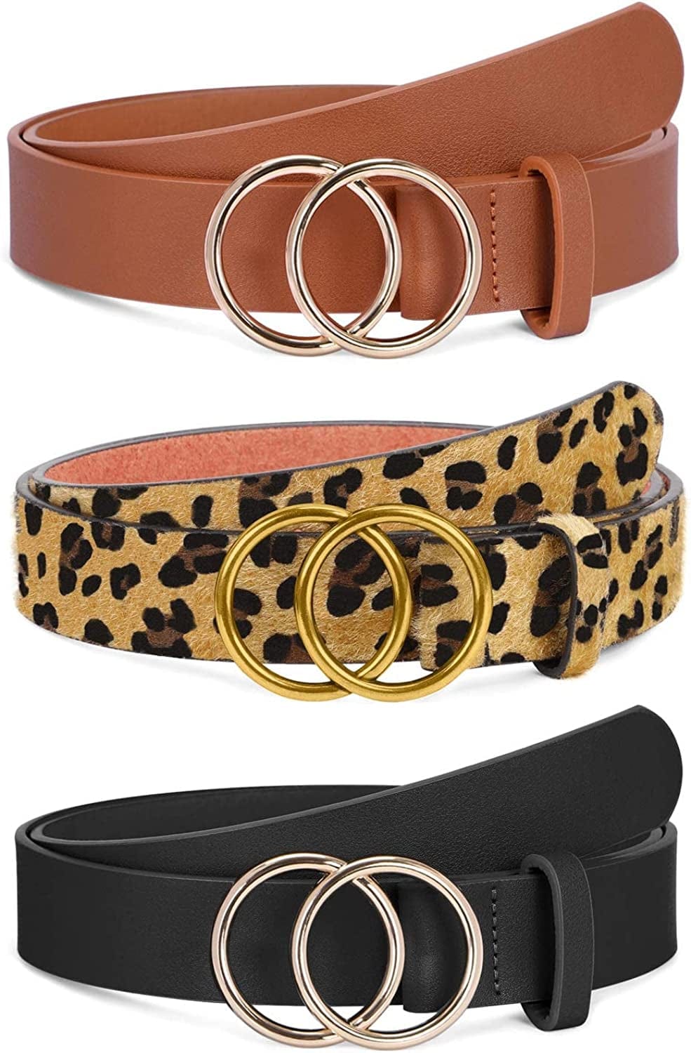 2 Pack Women Leather Belts Faux Leather Jeans Belt with Double O-Ring Buckle Size up to 53 Inch Apparel & Accessories > Clothing Accessories > Belts SANSTHS J- ( Black + Brown + Leopard)3 Pack Suit waistline 24"-28"