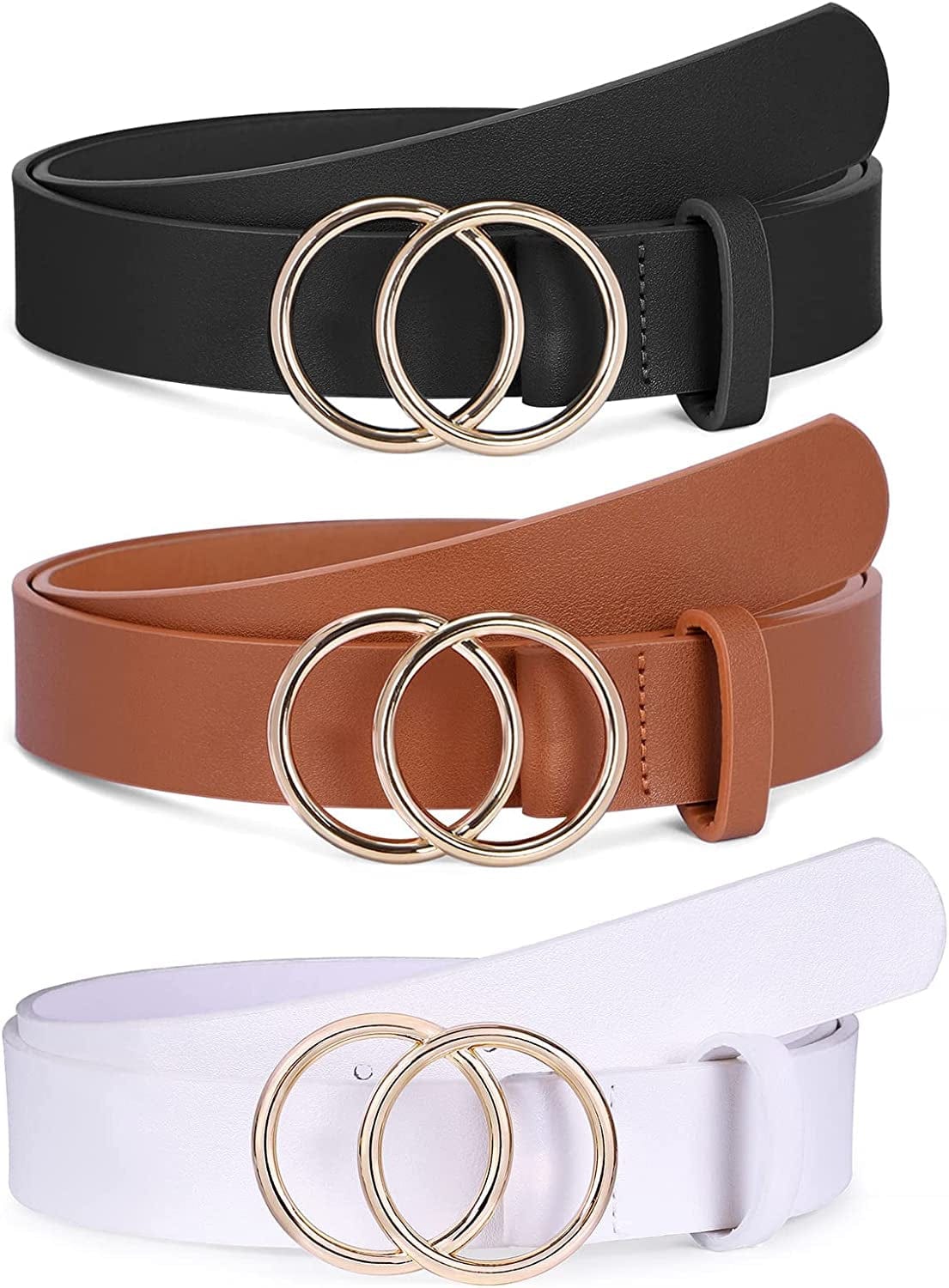 2 Pack Women Leather Belts Faux Leather Jeans Belt with Double O-Ring Buckle Size up to 53 Inch Apparel & Accessories > Clothing Accessories > Belts SANSTHS K-(black +Brown + White) 3 Pack Suit waistline 29"-35"