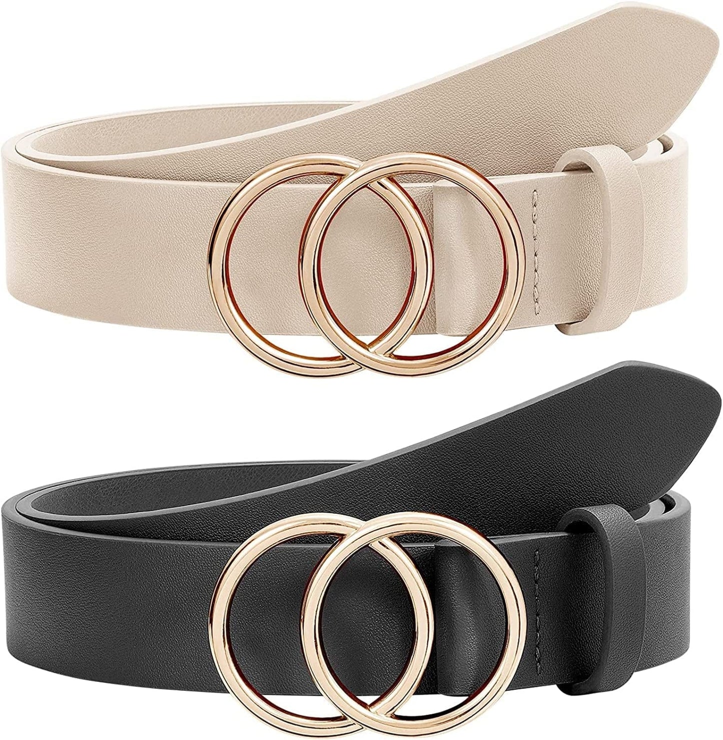 2 Pack Women Leather Belts Faux Leather Jeans Belt with Double O-Ring Buckle Size up to 53 Inch Apparel & Accessories > Clothing Accessories > Belts SANSTHS F-balck+beige Suit waistline 51"-54"