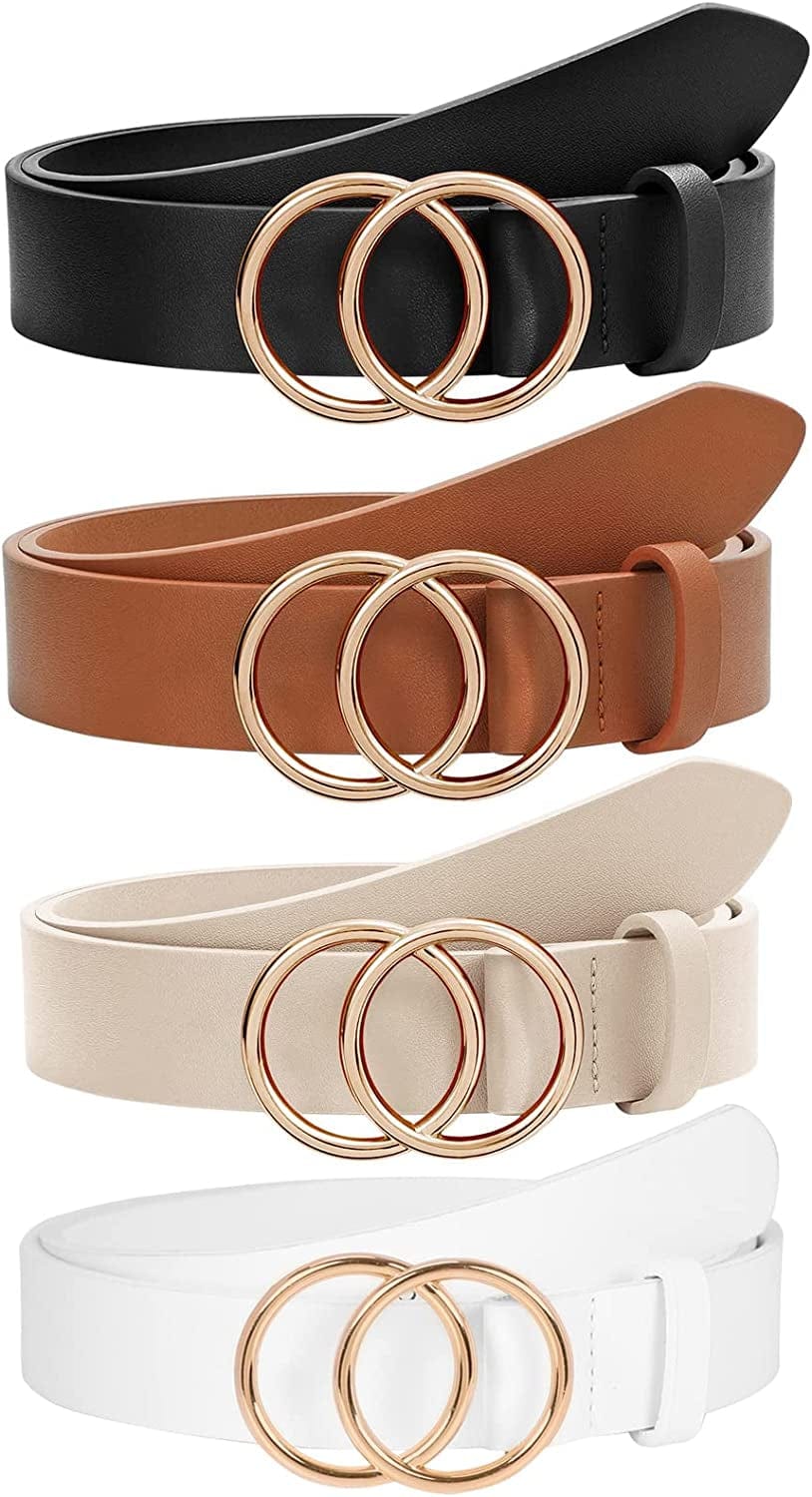 2 Pack Women Leather Belts Faux Leather Jeans Belt with Double O-Ring Buckle Size up to 53 Inch Apparel & Accessories > Clothing Accessories > Belts SANSTHS R-4 Pack(black+brown+beige+white) Suit waistline 51"-54"