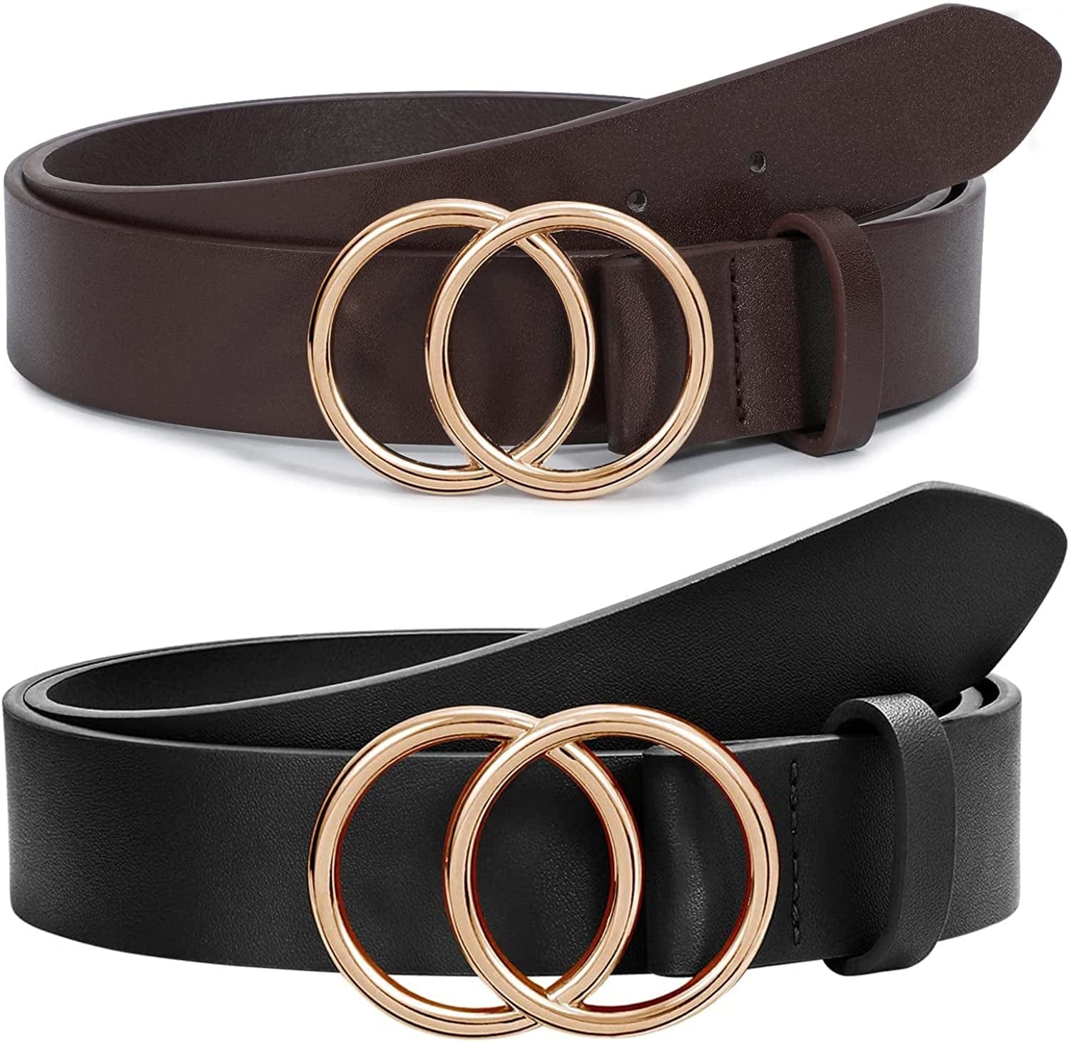 2 Pack Women Leather Belts Faux Leather Jeans Belt with Double O-Ring Buckle Size up to 53 Inch Apparel & Accessories > Clothing Accessories > Belts SANSTHS C-black+coffee Suit waistline 51"-54"