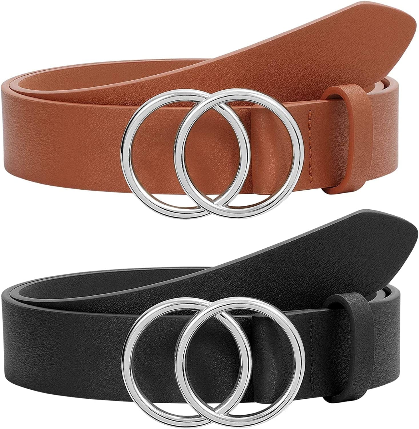 2 Pack Women Leather Belts Faux Leather Jeans Belt with Double O-Ring Buckle Size up to 53 Inch Apparel & Accessories > Clothing Accessories > Belts SANSTHS G-sliver Buckle(black+brown) Suit waistline 41"-45"