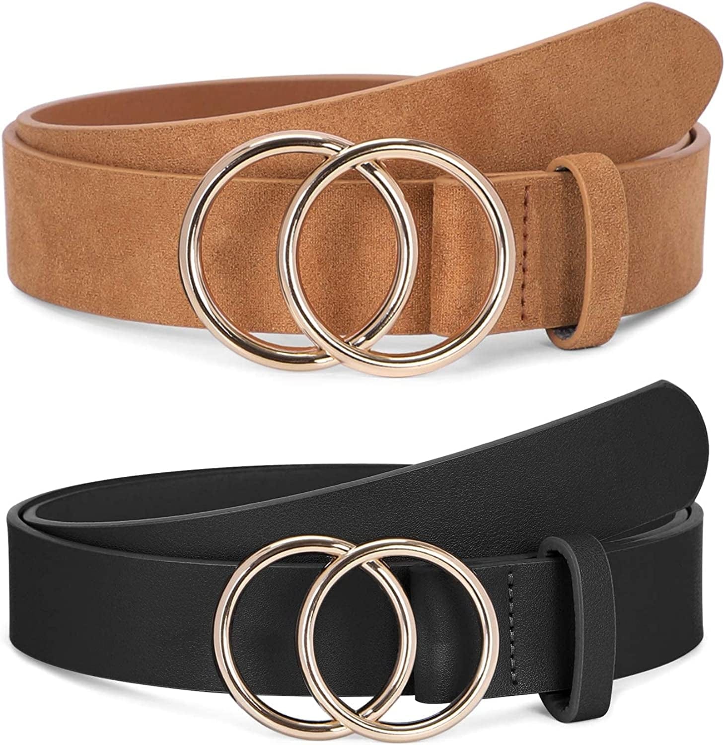 2 Pack Women Leather Belts Faux Leather Jeans Belt with Double O-Ring Buckle Size up to 53 Inch Apparel & Accessories > Clothing Accessories > Belts SANSTHS I-black+khaki Suit waistline 41"-45"
