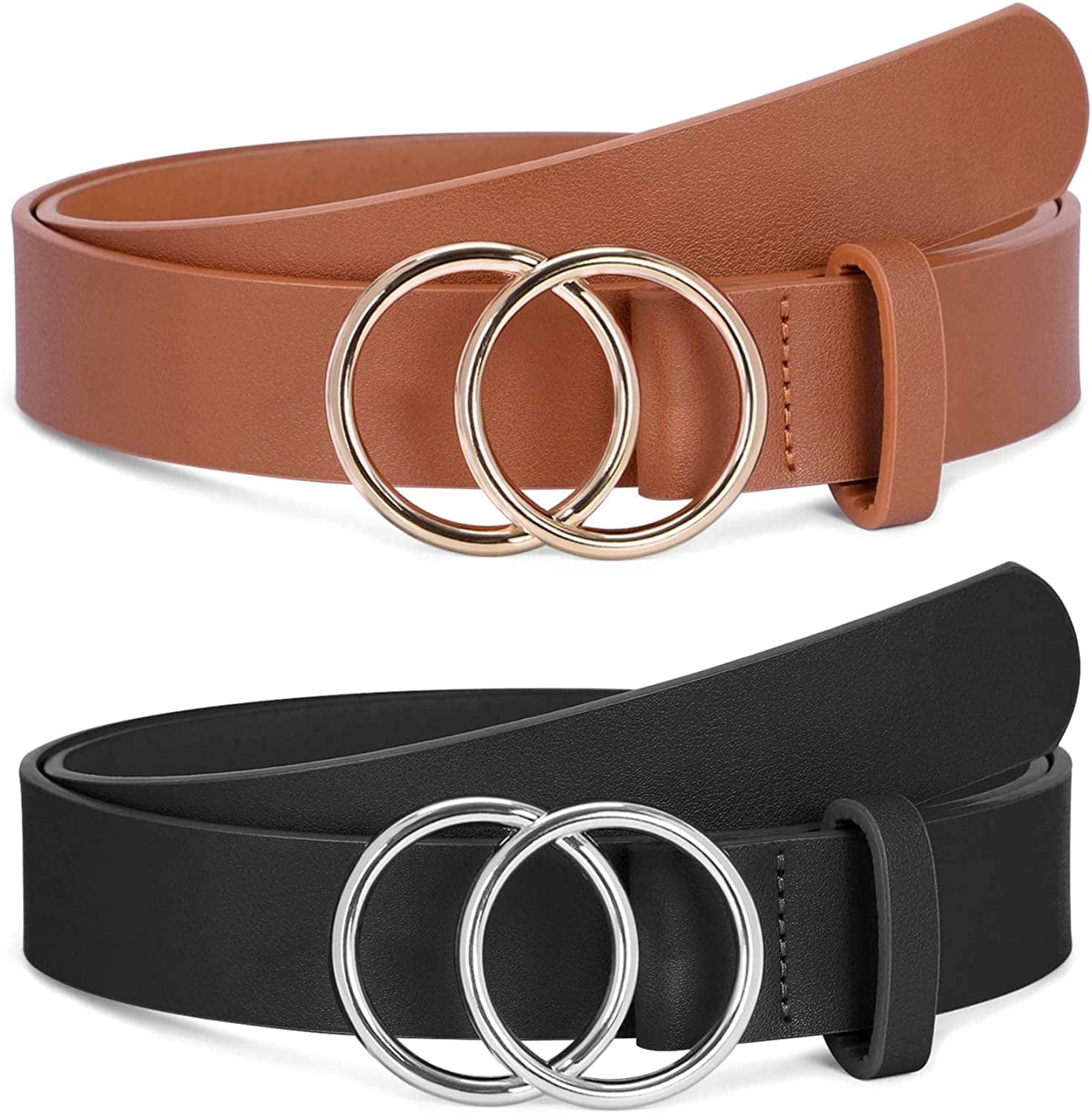 2 Pack Women Leather Belts Faux Leather Jeans Belt with Double O-Ring Buckle Size up to 53 Inch Apparel & Accessories > Clothing Accessories > Belts SANSTHS E-blackļ¼sliver Buckle)+brown Suit waistline 46"-50"