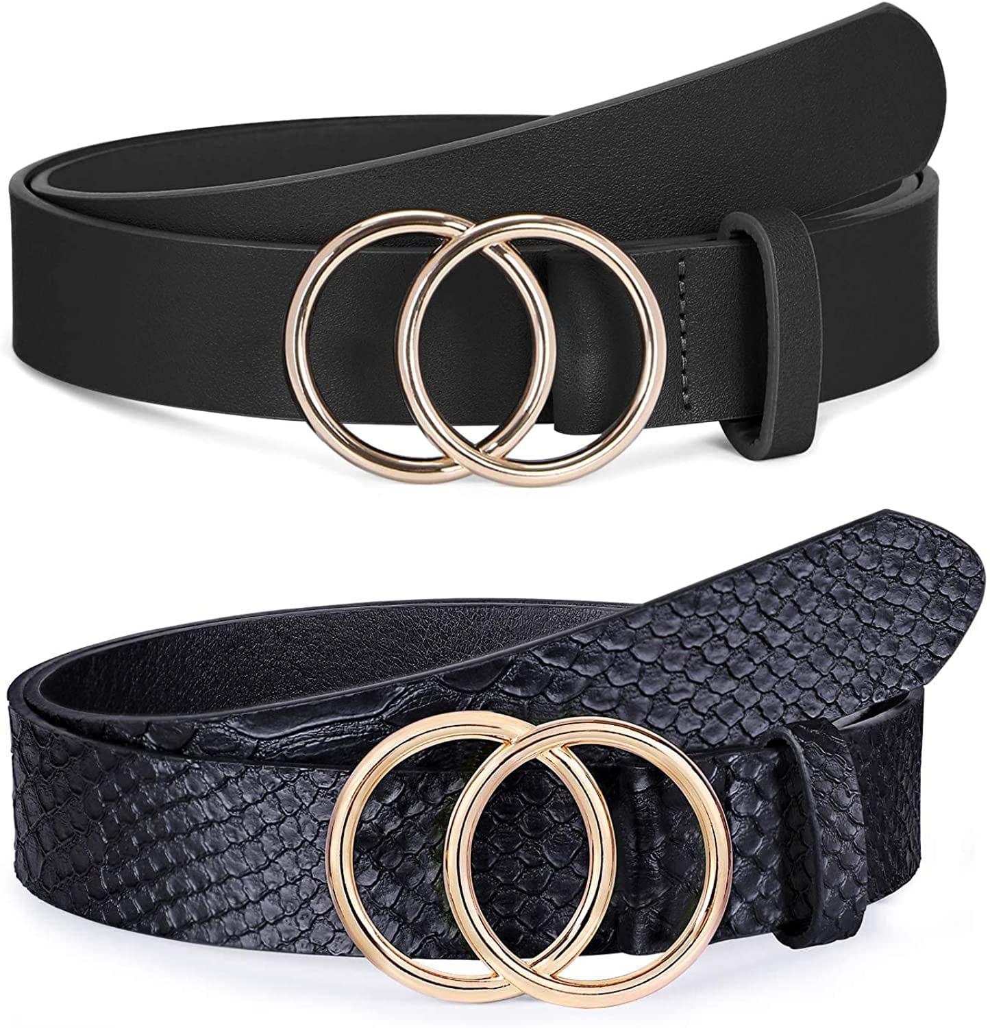 2 Pack Women Leather Belts Faux Leather Jeans Belt with Double O-Ring Buckle Size up to 53 Inch Apparel & Accessories > Clothing Accessories > Belts SANSTHS N-black+black Suit waistline 26"-30"