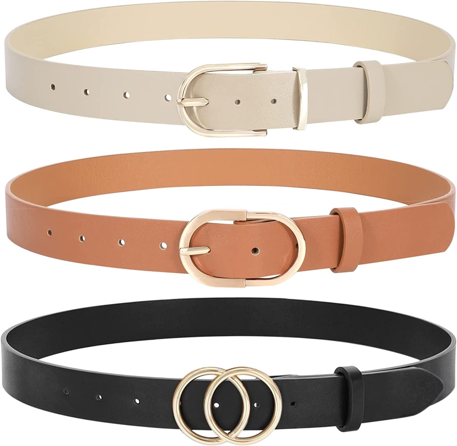 2 Pack Women Leather Belts Faux Leather Jeans Belt with Double O-Ring Buckle Size up to 53 Inch Apparel & Accessories > Clothing Accessories > Belts SANSTHS P-black+brown+beige Suit waistline 26"-30"