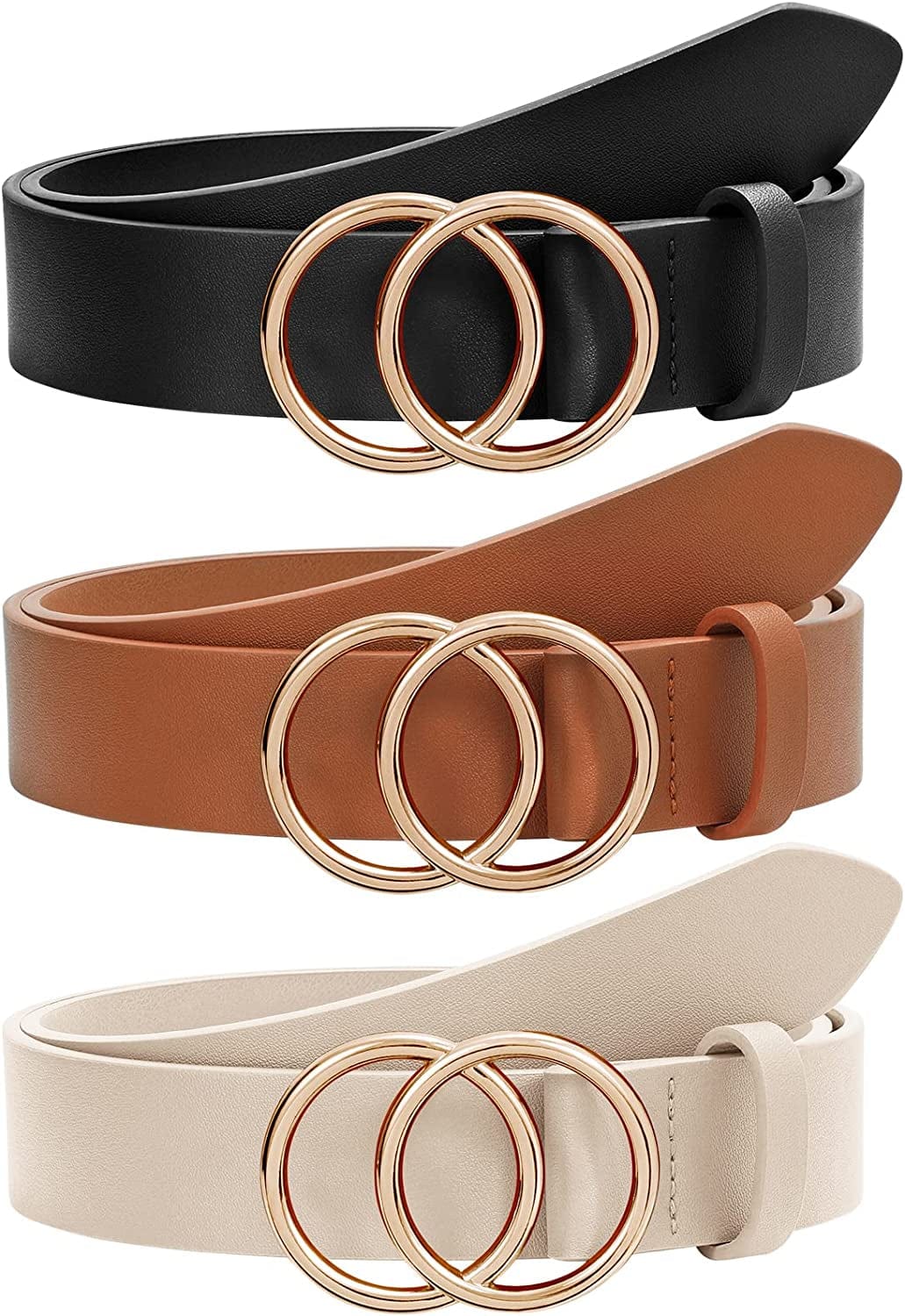 2 Pack Women Leather Belts Faux Leather Jeans Belt with Double O-Ring Buckle Size up to 53 Inch Apparel & Accessories > Clothing Accessories > Belts SANSTHS B-(black +Brown + Beige) 3 Pack Suit waistline 46"-50"