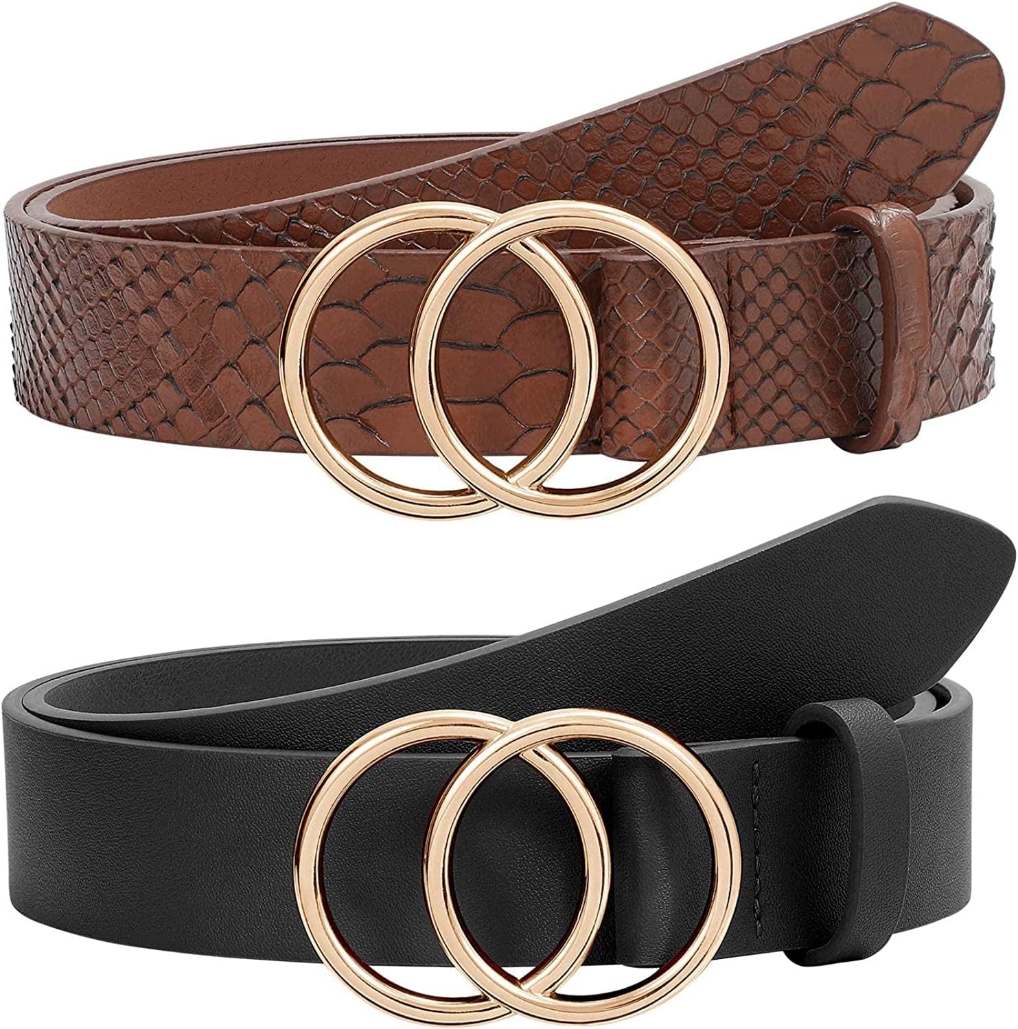 2 Pack Women Leather Belts Faux Leather Jeans Belt with Double O-Ring Buckle Size up to 53 Inch Apparel & Accessories > Clothing Accessories > Belts SANSTHS M-black + S. Brown Suit waistline 46"-50"