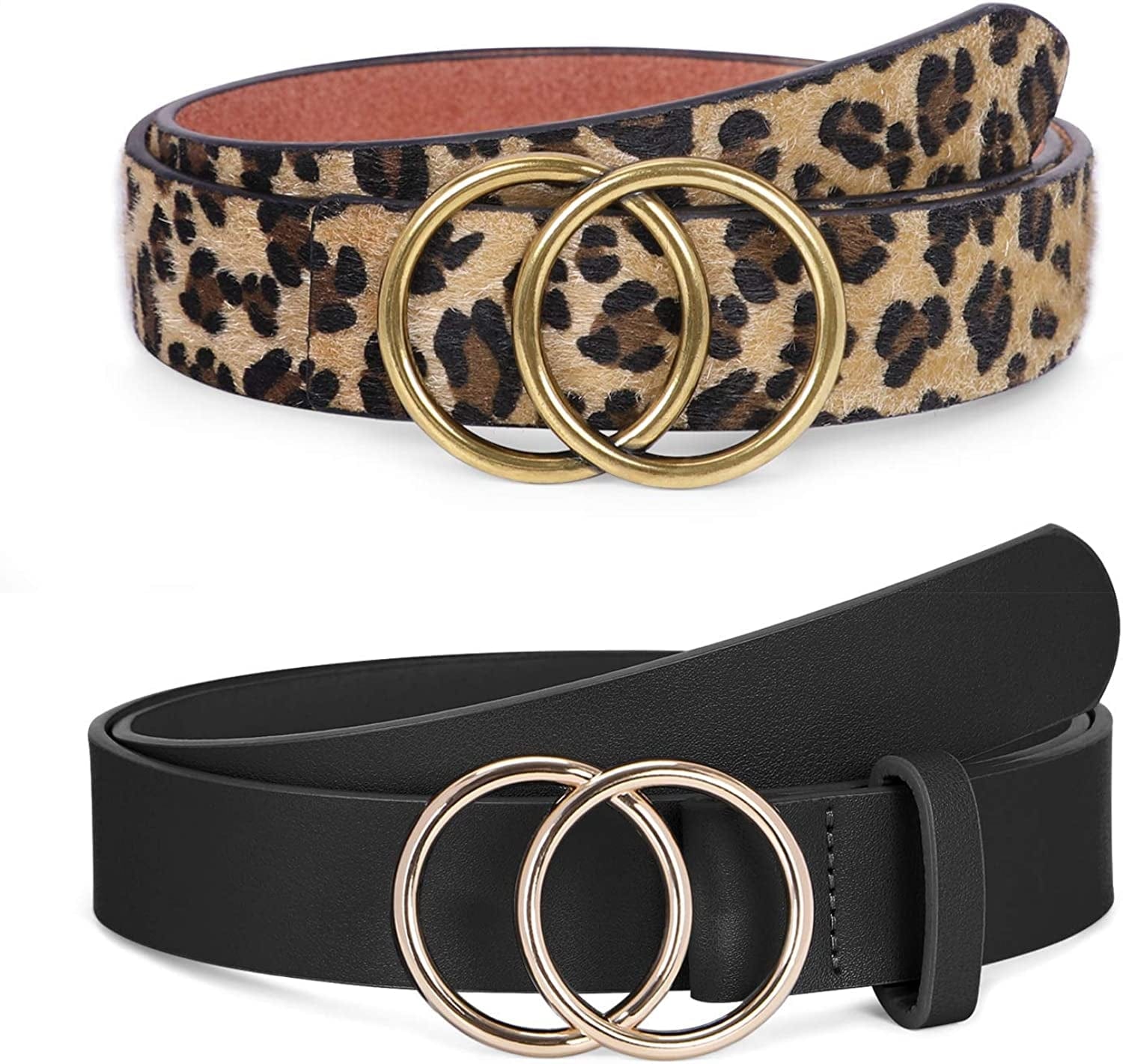 2 Pack Women Leather Belts Faux Leather Jeans Belt with Double O-Ring Buckle Size up to 53 Inch Apparel & Accessories > Clothing Accessories > Belts SANSTHS O-black+leopard Suit waistline 36"-40"