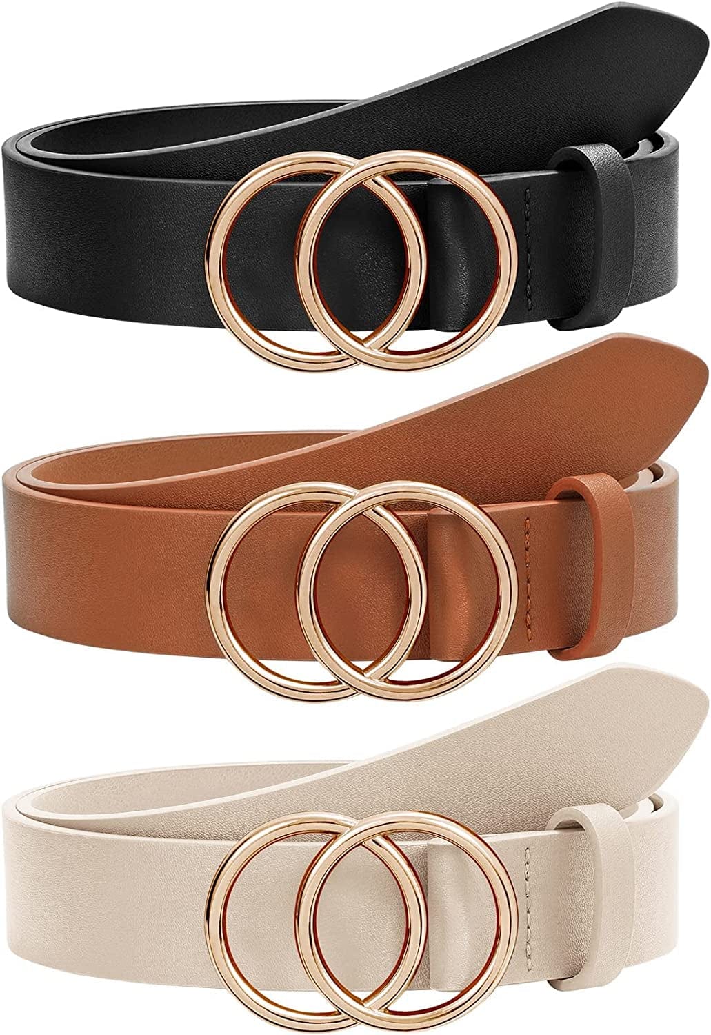 2 Pack Women Leather Belts Faux Leather Jeans Belt with Double O-Ring Buckle Size up to 53 Inch Apparel & Accessories > Clothing Accessories > Belts SANSTHS T-3 Pack(black +Brown + Beige) Suit waistline 51"-54"
