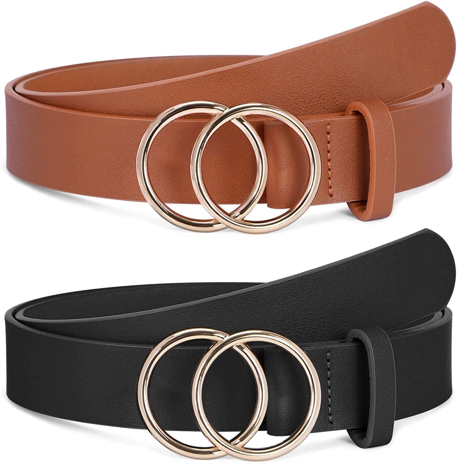2 Pack Women Leather Belts Faux Leather Jeans Belt with Double O-Ring Buckle Size up to 53 Inch Apparel & Accessories > Clothing Accessories > Belts SANSTHS A-black(golden Buckle)+brown Suit waistline 51"-54"