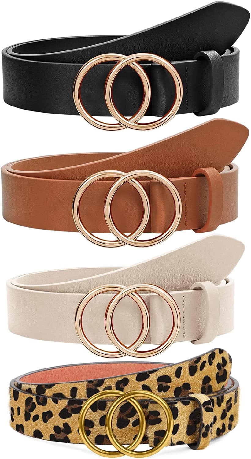 2 Pack Women Leather Belts Faux Leather Jeans Belt with Double O-Ring Buckle Size up to 53 Inch Apparel & Accessories > Clothing Accessories > Belts SANSTHS S-4 Pack(black+brown+beige+leopard) Suit waistline 51"-54"