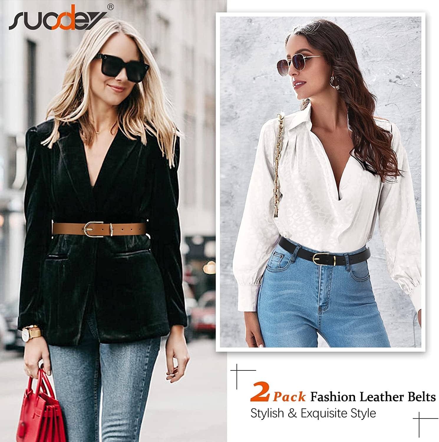 2 Pack Women Soft Faux Leather Waist Belt for Ladies Jeans Dress Chic Belt with Pin Buckle SUOSDEY Fashion Casual Belt Apparel & Accessories > Clothing Accessories > Belts SUOSDEY
