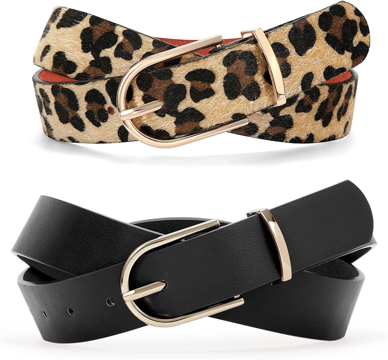 2 Pack Women Soft Faux Leather Waist Belt for Ladies Jeans Dress Chic Belt with Pin Buckle SUOSDEY Fashion Casual Belt Apparel & Accessories > Clothing Accessories > Belts SUOSDEY 07-black+leopard Print M:fits waist from 33" -37"
