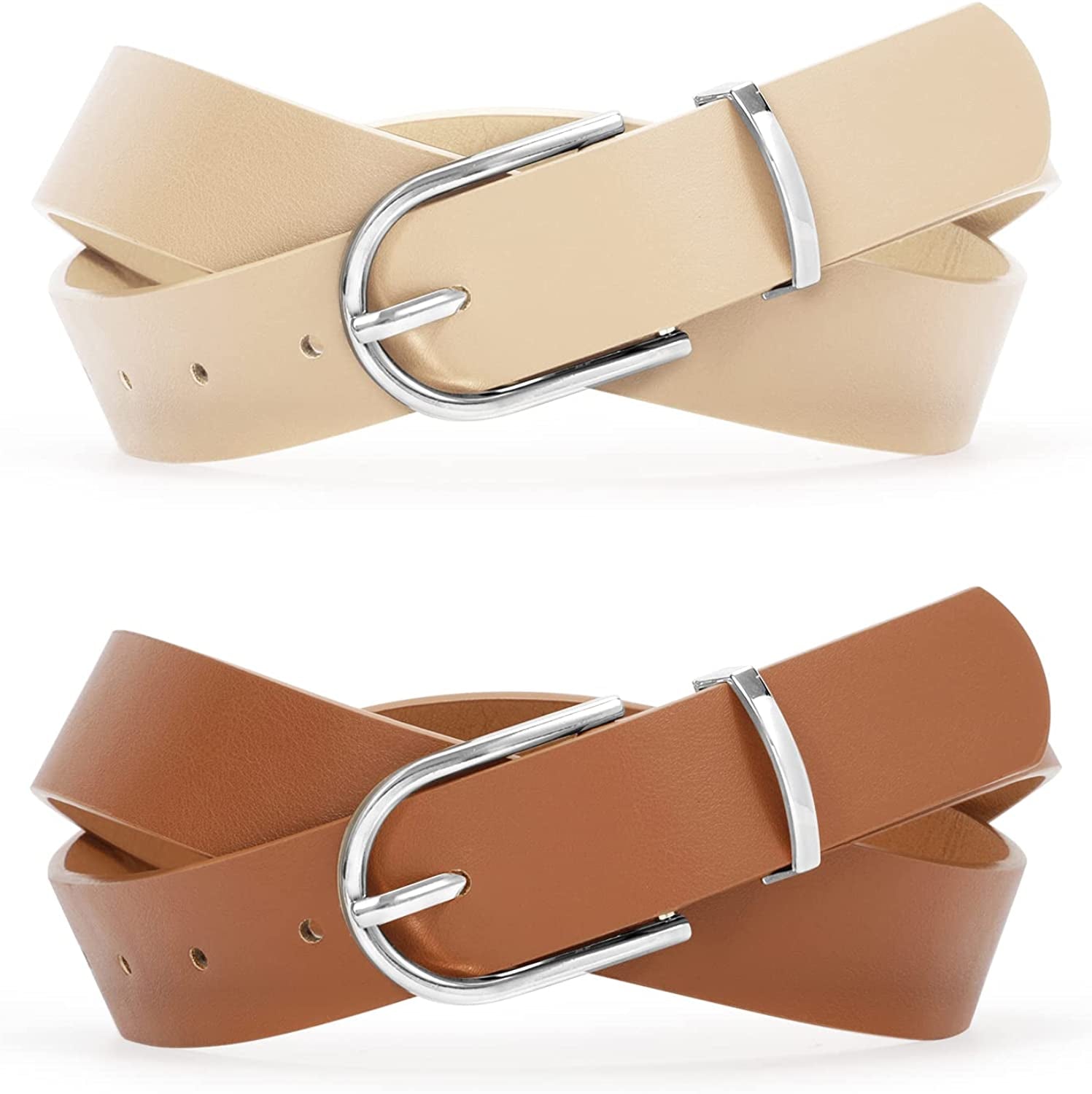 2 Pack Women Soft Faux Leather Waist Belt for Ladies Jeans Dress Chic Belt with Pin Buckle SUOSDEY Fashion Casual Belt Apparel & Accessories > Clothing Accessories > Belts SUOSDEY 04-beige+brown(silver Buckle) XL:fits waist from 42" -45"