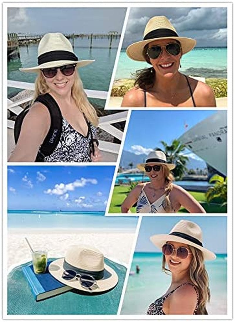 2 Pack Women Straw Hat Panama Wide Brim Roll up Hat Fine Braid Fedora Summer Sun Hat with Wind Lanyard for Beach Travel UPF Apparel & Accessories > Clothing Accessories > Hats 29 IYEBRAO