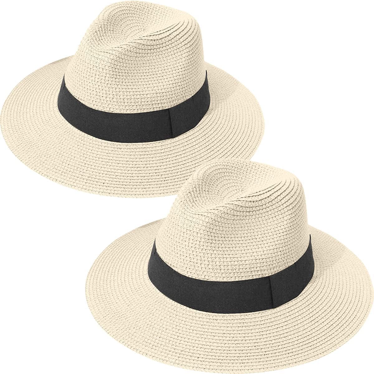 2 Pack Women Straw Hat Panama Wide Brim Roll up Hat Fine Braid Fedora Summer Sun Hat with Wind Lanyard for Beach Travel UPF Apparel & Accessories > Clothing Accessories > Hats 29 IYEBRAO Beige & Beige