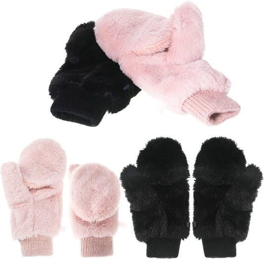 2 Pairs Faux Fur Flip Cover Mittens Winter Warm Fingerless Gloves Soft Half Finger Mittens Faux Fuzzy Lined Wool Convertible Fingerless Gloves for Women Girls, Black and Pink Apparel & Accessories > Clothing Accessories > Gloves & Mittens SATINIOR