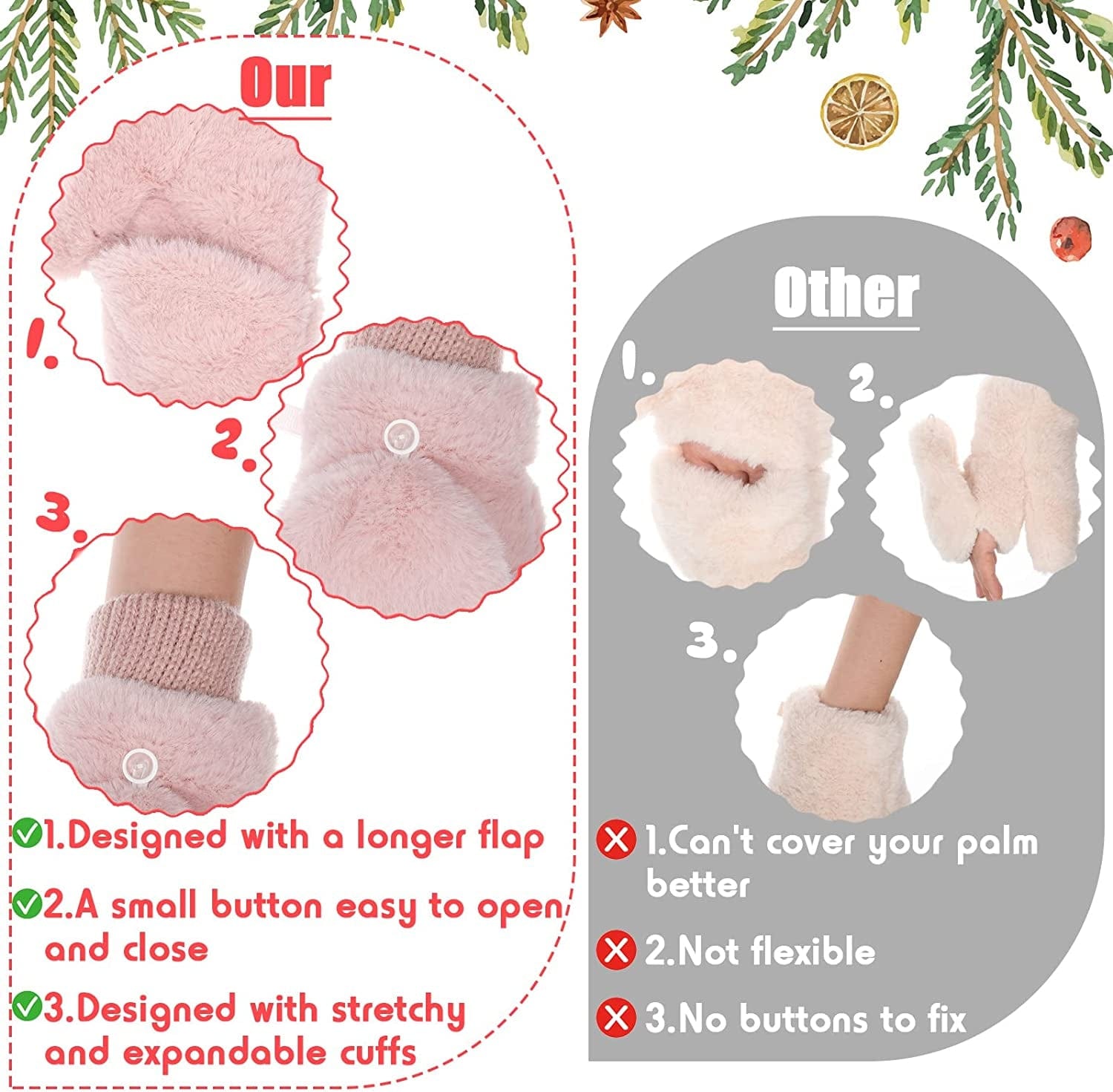 2 Pairs Faux Fur Flip Cover Mittens Winter Warm Fingerless Gloves Soft Half Finger Mittens Faux Fuzzy Lined Wool Convertible Fingerless Gloves for Women Girls, Black and Pink Apparel & Accessories > Clothing Accessories > Gloves & Mittens SATINIOR