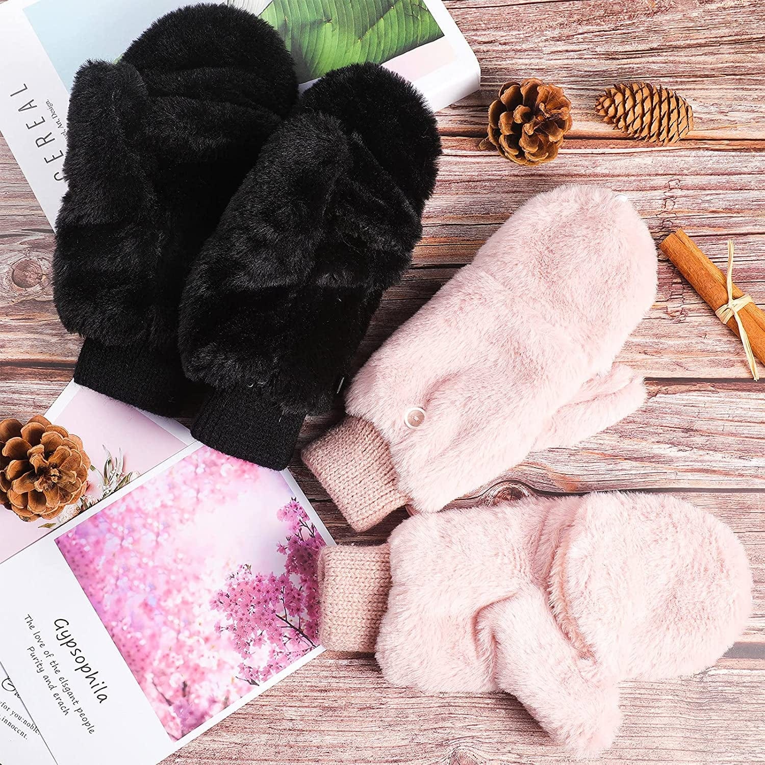 2 Pairs Faux Fur Flip Cover Mittens Winter Warm Fingerless Gloves Soft Half Finger Mittens Faux Fuzzy Lined Wool Convertible Fingerless Gloves for Women Girls, Black and Pink Apparel & Accessories > Clothing Accessories > Gloves & Mittens SATINIOR