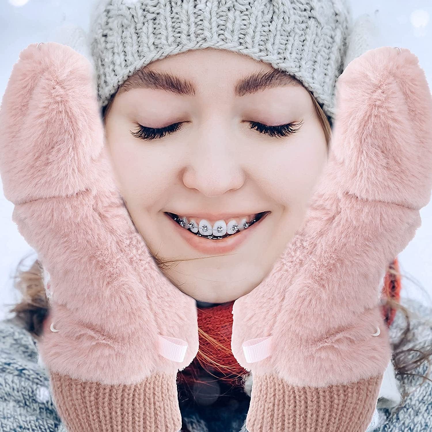 2 Pairs Faux Fur Flip Cover Mittens Winter Warm Fingerless Gloves Soft Half Finger Mittens Faux Fuzzy Lined Wool Convertible Fingerless Gloves for Women Girls, Black and Pink Apparel & Accessories > Clothing Accessories > Gloves & Mittens SATINIOR