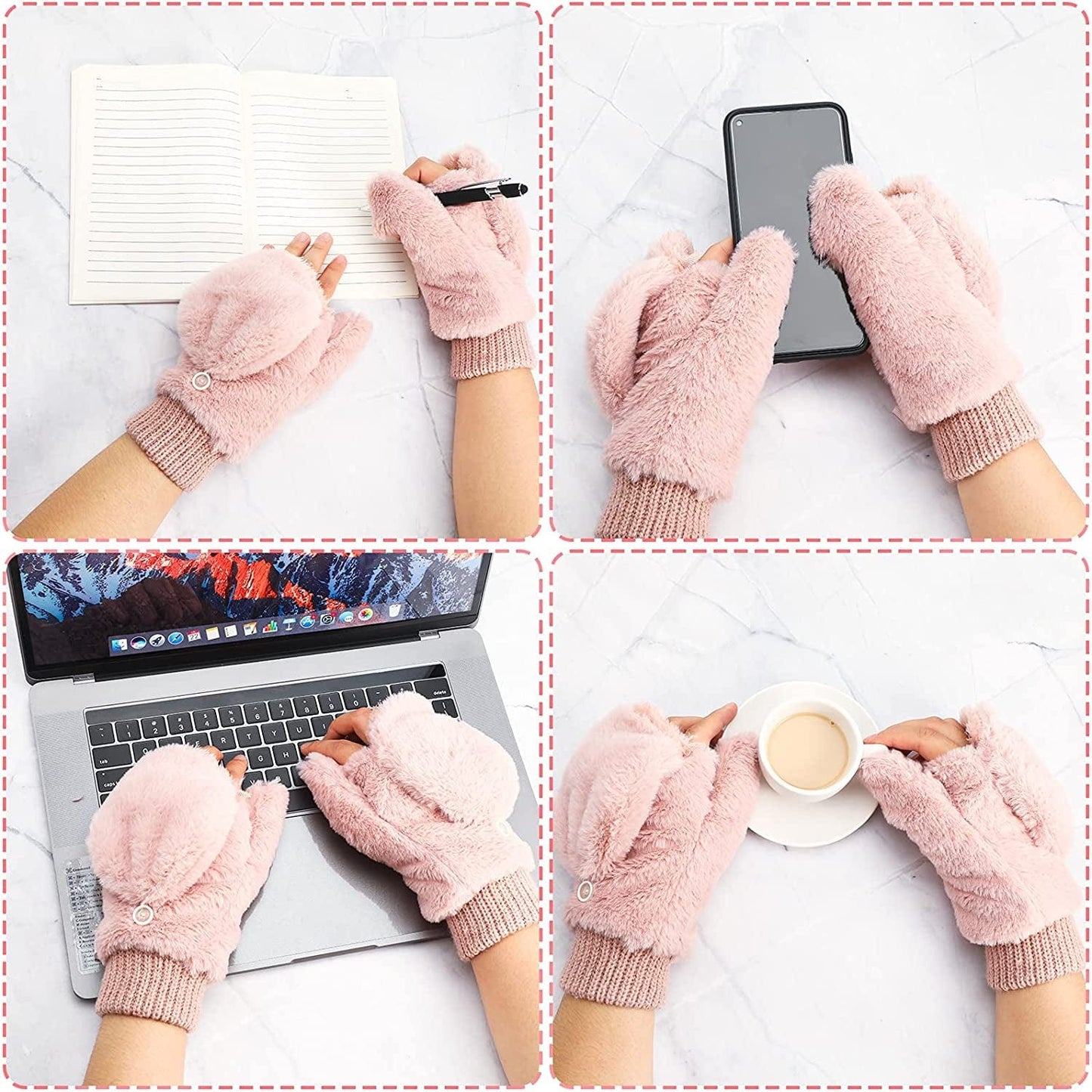 2 Pairs Faux Fur Flip Cover Mittens Winter Warm Fingerless Gloves Soft Half Finger Mittens Faux Fuzzy Lined Wool Convertible Fingerless Gloves for Women Girls, Black and Pink Apparel & Accessories > Clothing Accessories > Gloves & Mittens SATINIOR