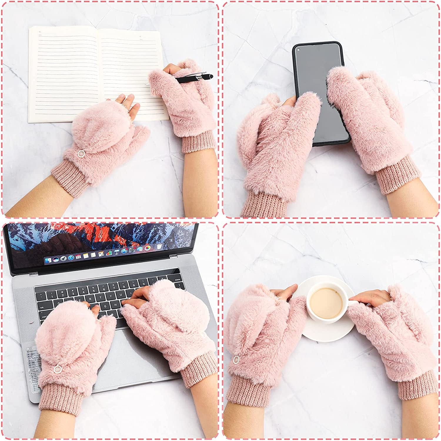 2 Pairs Faux Fur Flip Cover Mittens Winter Warm Fingerless Gloves Soft Half Finger Mittens Faux Fuzzy Lined Wool Convertible Fingerless Gloves for Women Girls, Black and Pink Apparel & Accessories > Clothing Accessories > Gloves & Mittens SATINIOR