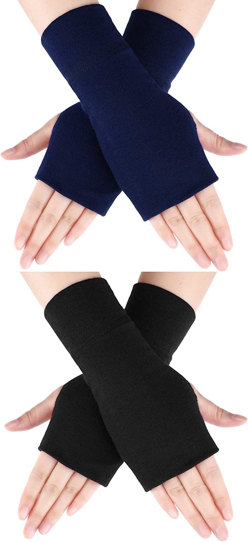2 Pairs Fingerless Gloves Women Man Stretchy Knitted Gloves Thumb Hole Mittens Wrist Length Arm Warmers Apparel & Accessories > Clothing Accessories > Gloves & Mittens Blulu Black, Navy