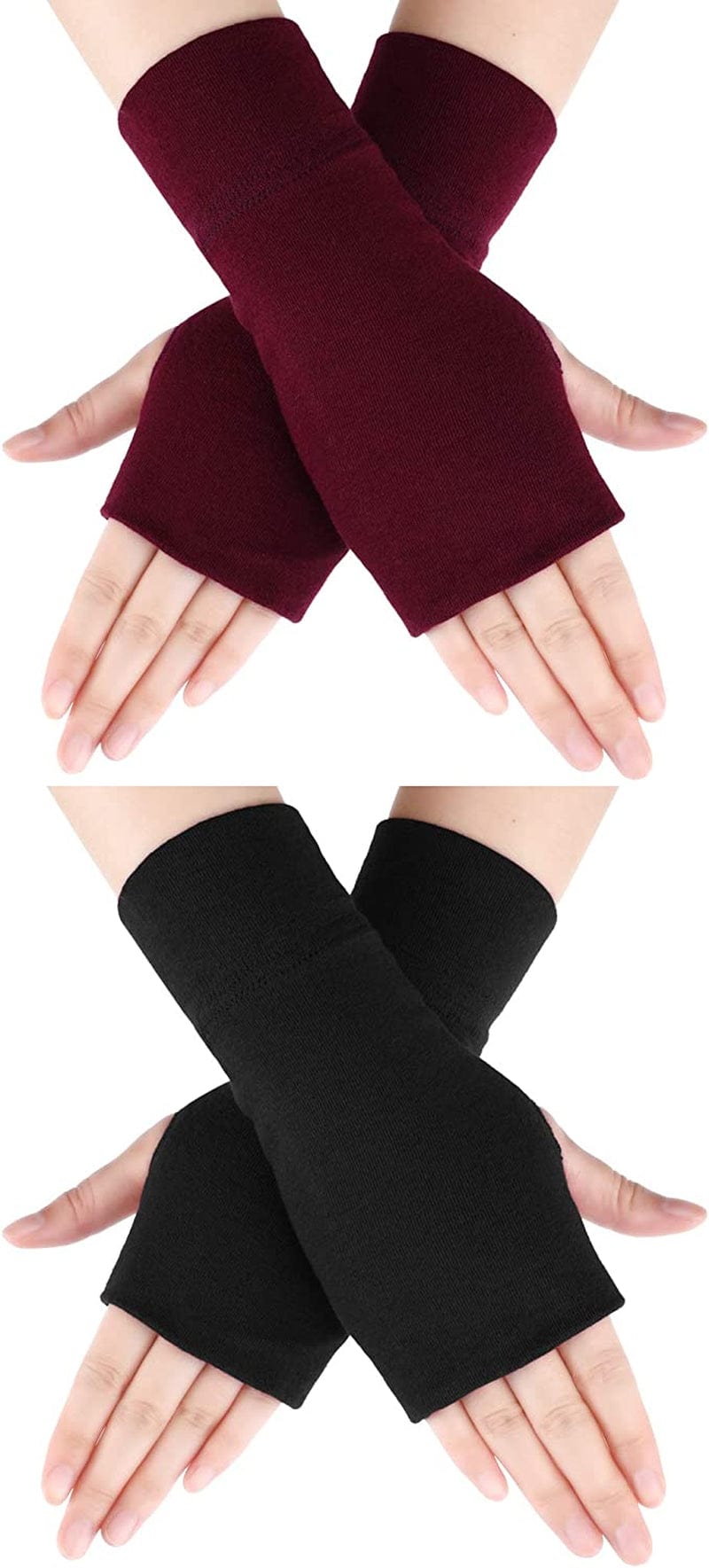2 Pairs Fingerless Gloves Women Man Stretchy Knitted Gloves Thumb Hole Mittens Wrist Length Arm Warmers Apparel & Accessories > Clothing Accessories > Gloves & Mittens Blulu Black, Wine Red