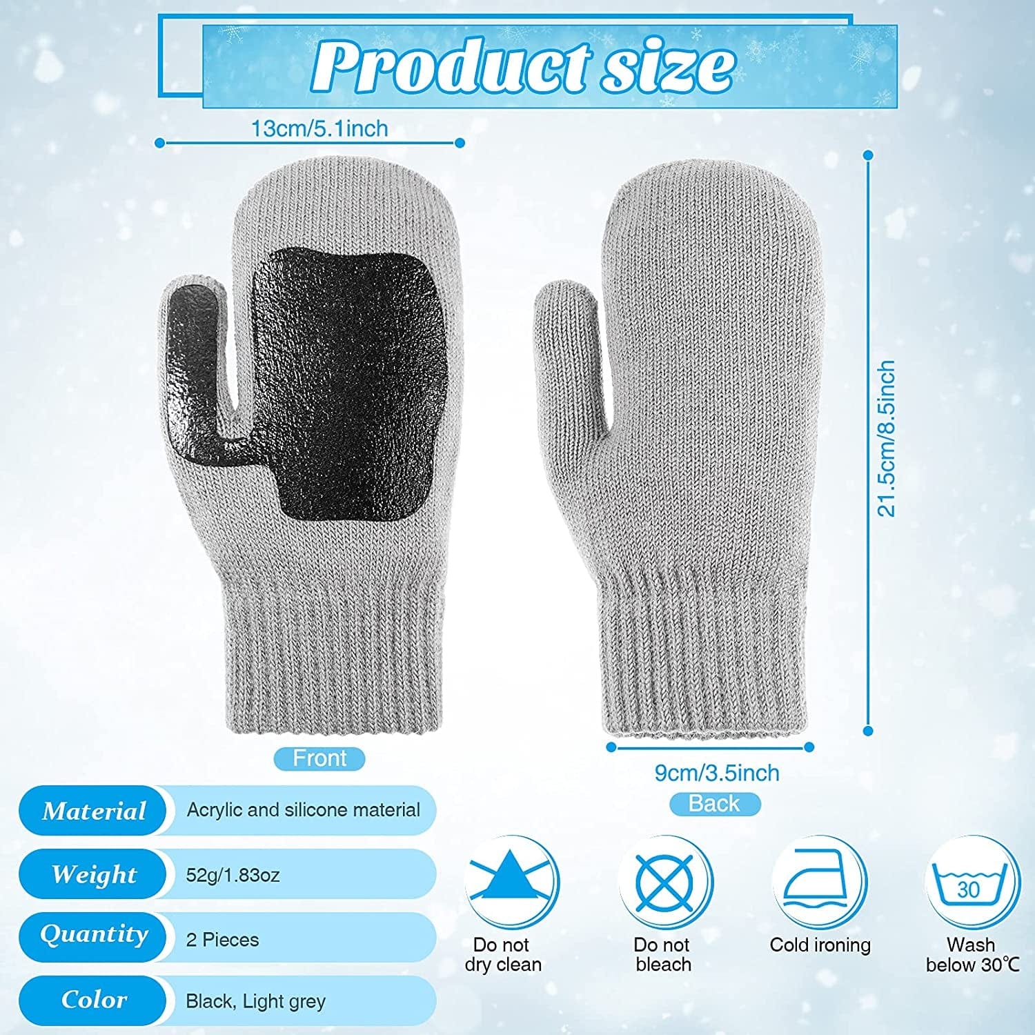 2 Pairs Winter Knit Gloves Thick Cable Knit Winter Mittens Anti-Slip Silicone Coated Snow Gloves Warm Chunky Black Grey Soft Lined Gloves Apparel & Accessories > Clothing Accessories > Gloves & Mittens JaGely