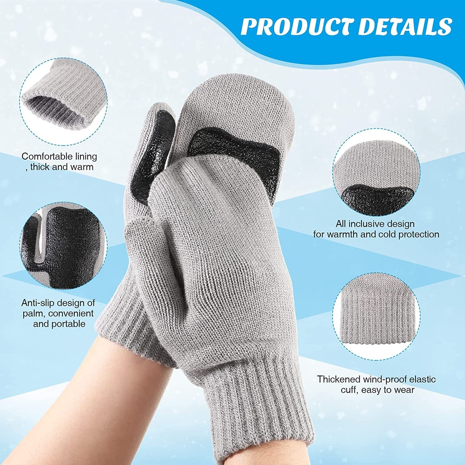 2 Pairs Winter Knit Gloves Thick Cable Knit Winter Mittens Anti-Slip Silicone Coated Snow Gloves Warm Chunky Black Grey Soft Lined Gloves Apparel & Accessories > Clothing Accessories > Gloves & Mittens JaGely