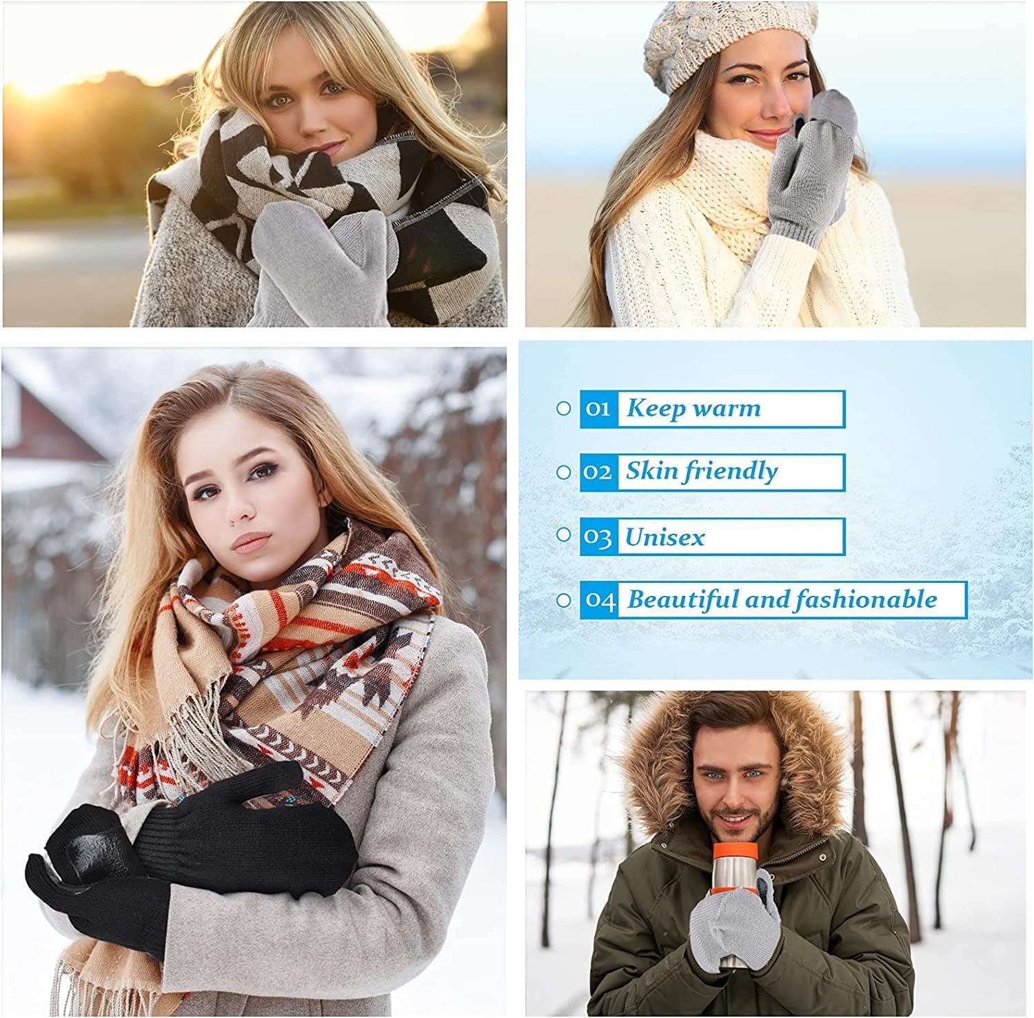 2 Pairs Winter Knit Gloves Thick Cable Knit Winter Mittens Anti-Slip Silicone Coated Snow Gloves Warm Chunky Black Grey Soft Lined Gloves Apparel & Accessories > Clothing Accessories > Gloves & Mittens JaGely