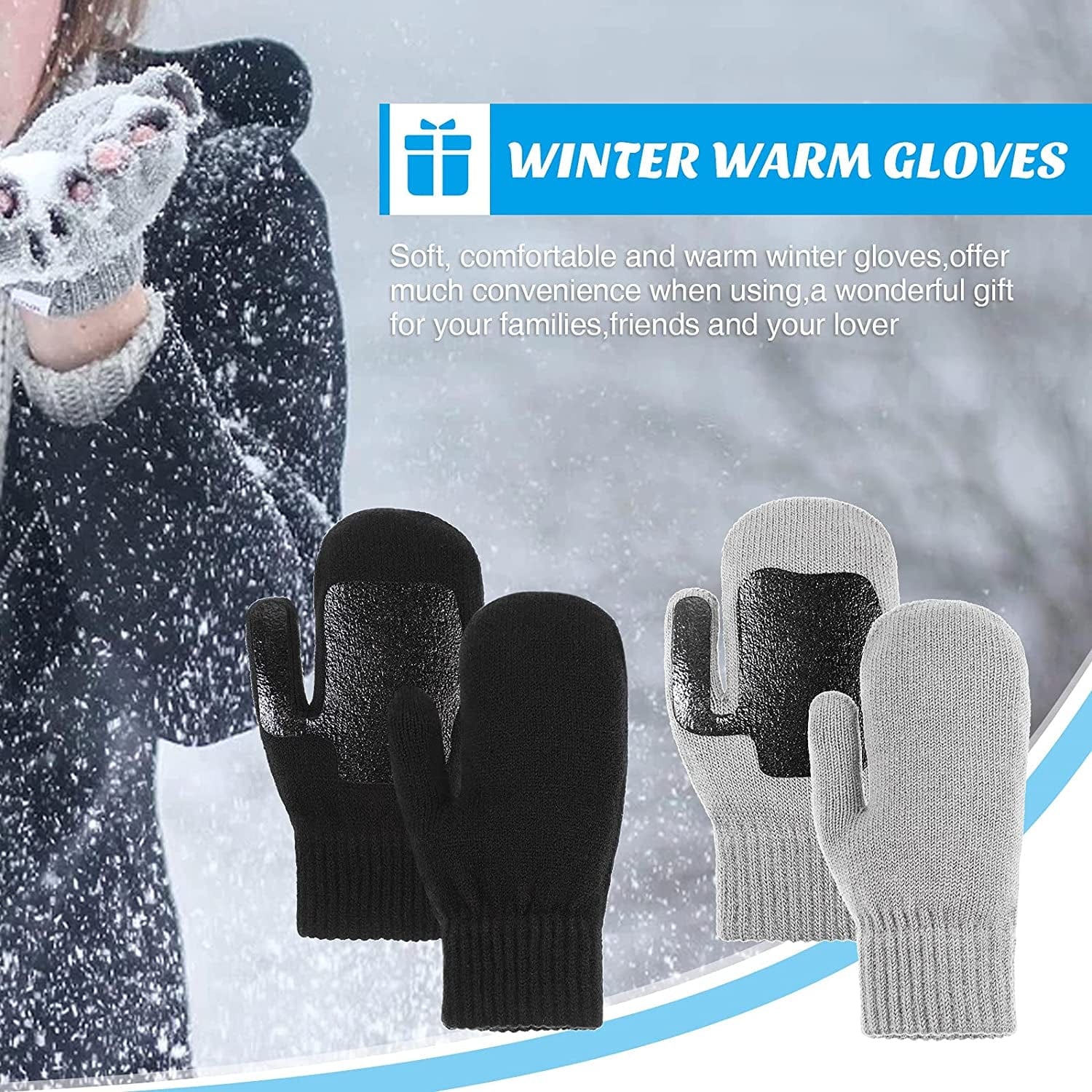 2 Pairs Winter Knit Gloves Thick Cable Knit Winter Mittens Anti-Slip Silicone Coated Snow Gloves Warm Chunky Black Grey Soft Lined Gloves Apparel & Accessories > Clothing Accessories > Gloves & Mittens JaGely