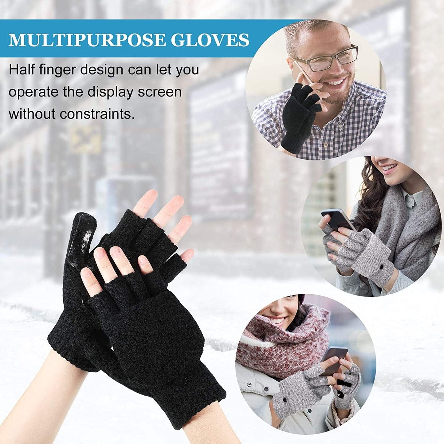 2 Pairs Winter Knitted Half Finger Gloves Fingerless Flap Cover Wool Gloves Convertible Mittens Apparel & Accessories > Clothing Accessories > Gloves & Mittens Geyoga