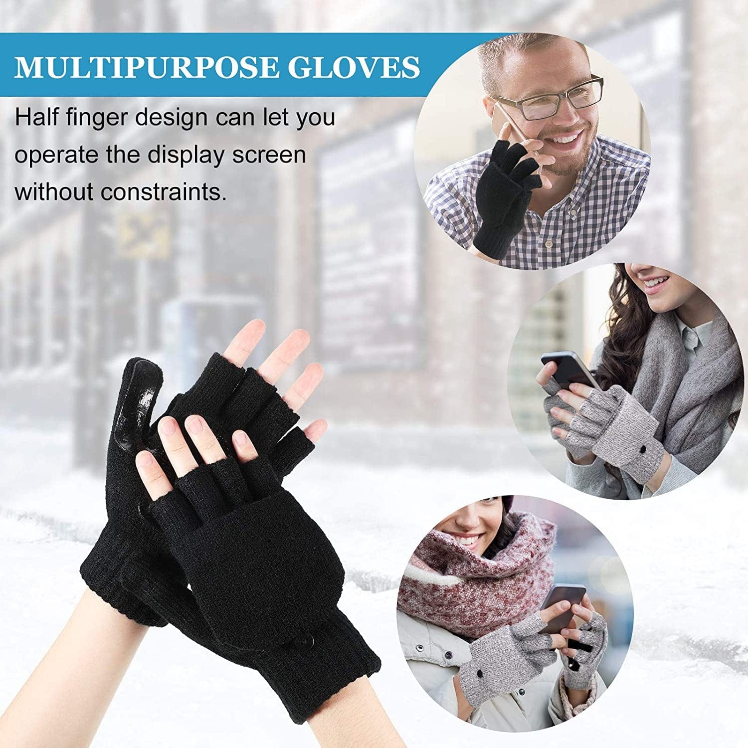 2 Pairs Winter Knitted Half Finger Gloves Fingerless Flap Cover Wool Gloves Convertible Mittens Apparel & Accessories > Clothing Accessories > Gloves & Mittens Geyoga