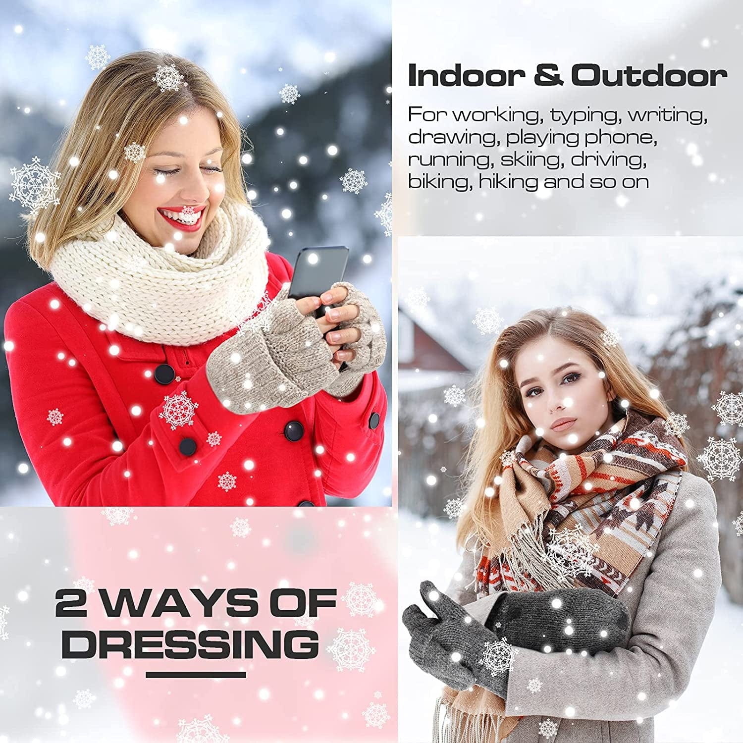 2 Pairs Winter Mittens Warm Wool Gloves with Finger Hole Cold Weather Lightweight Fingerless Thermal Gloves for Women Men Apparel & Accessories > Clothing Accessories > Gloves & Mittens Geyoga