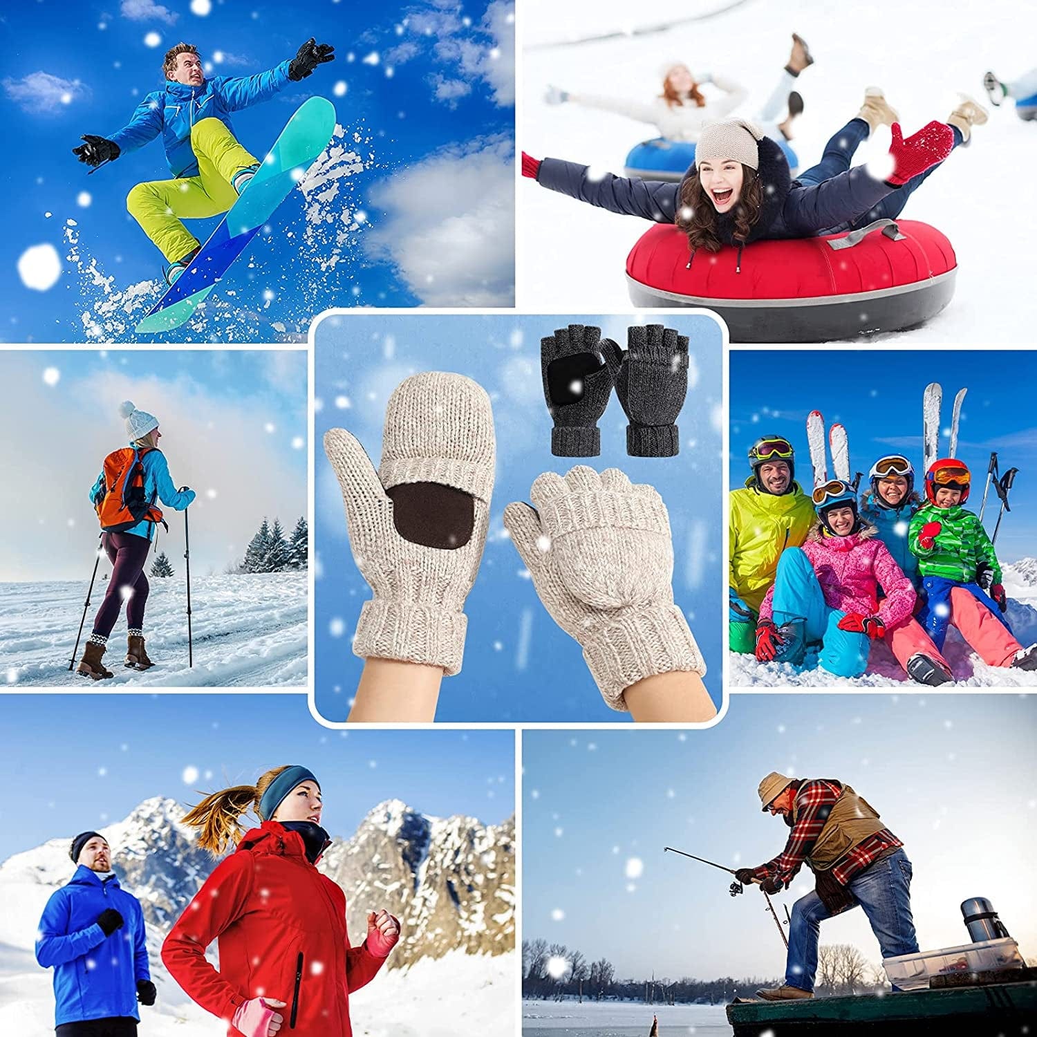 2 Pairs Winter Mittens Warm Wool Gloves with Finger Hole Cold Weather Lightweight Fingerless Thermal Gloves for Women Men Apparel & Accessories > Clothing Accessories > Gloves & Mittens Geyoga