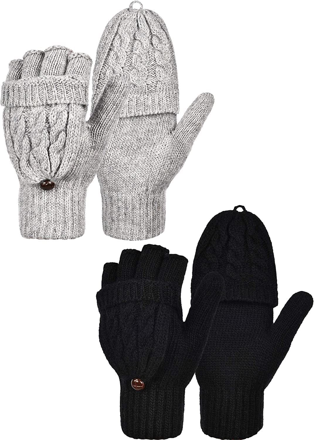 2 Pairs Women'S Winter Fingerless Gloves Winter Knitted Mittens Convertible Gloves with Buttoned Thumb Cover (Style Set 1) Apparel & Accessories > Clothing Accessories > Gloves & Mittens Bememo