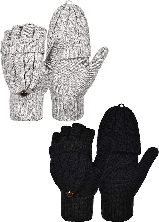2 Pairs Women'S Winter Fingerless Gloves Winter Knitted Mittens Convertible Gloves with Buttoned Thumb Cover (Style Set 1) Apparel & Accessories > Clothing Accessories > Gloves & Mittens Bememo