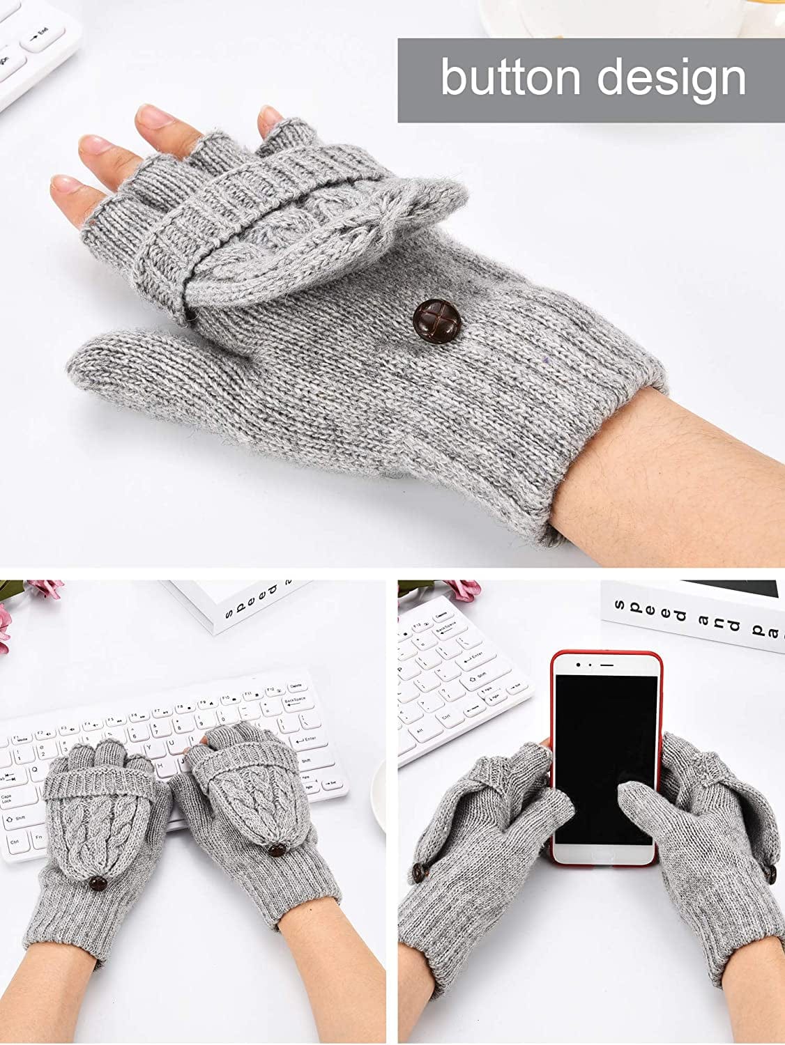 2 Pairs Women'S Winter Fingerless Gloves Winter Knitted Mittens Convertible Gloves with Buttoned Thumb Cover (Style Set 1) Apparel & Accessories > Clothing Accessories > Gloves & Mittens Bememo