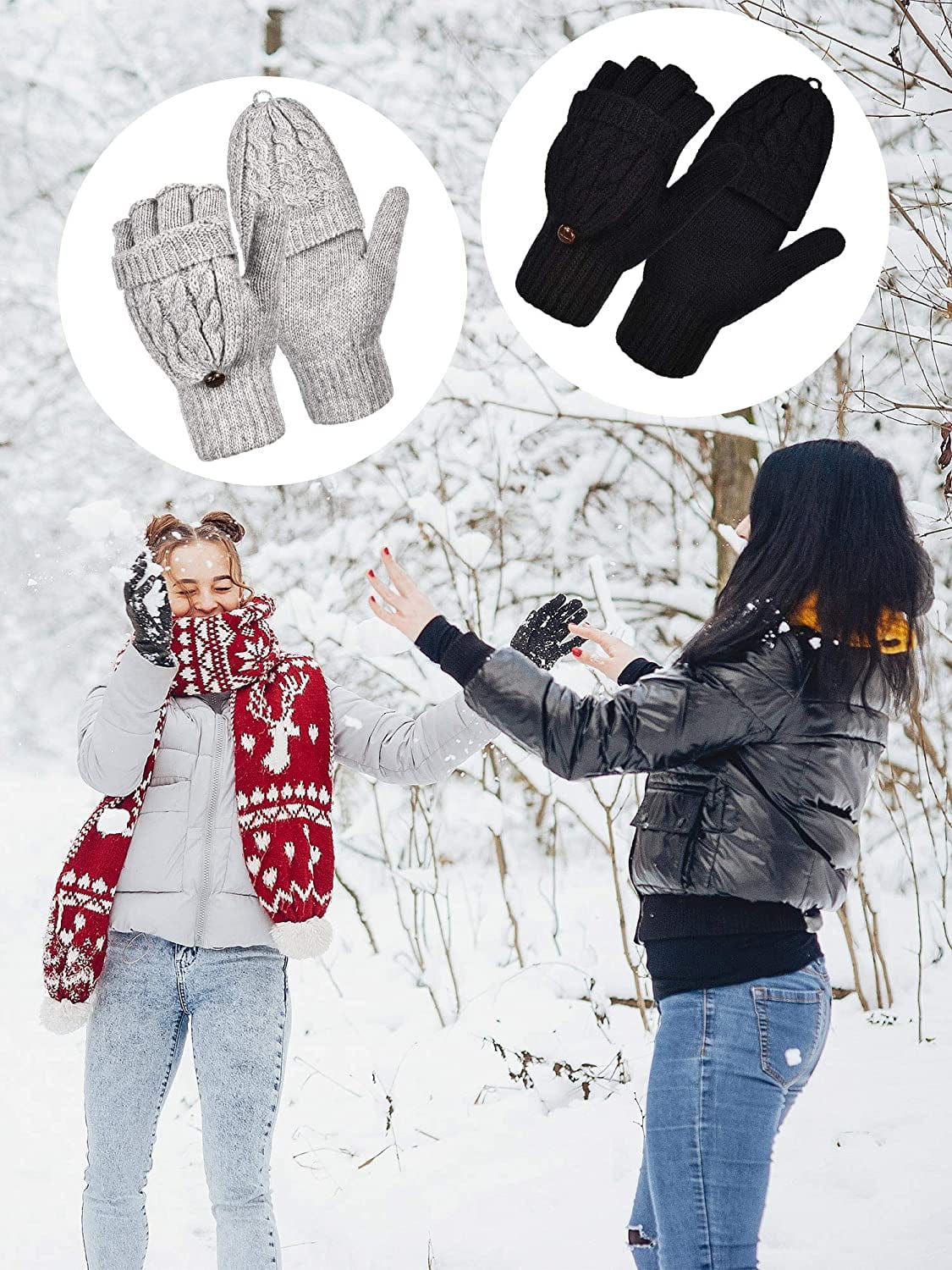 2 Pairs Women'S Winter Fingerless Gloves Winter Knitted Mittens Convertible Gloves with Buttoned Thumb Cover (Style Set 1) Apparel & Accessories > Clothing Accessories > Gloves & Mittens Bememo